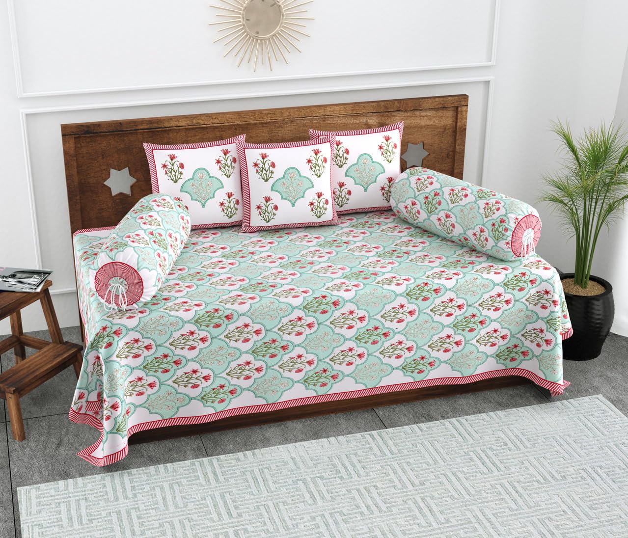 Texstylers Pure Cotton Floral Printed Diwan Cover Set | White Base Cotton Diwan Bedsheet with 2 Bolster Covers & 3 Cushion Covers | Soft, Breathable Fabric | Pack of 6, Red Grey-image-10