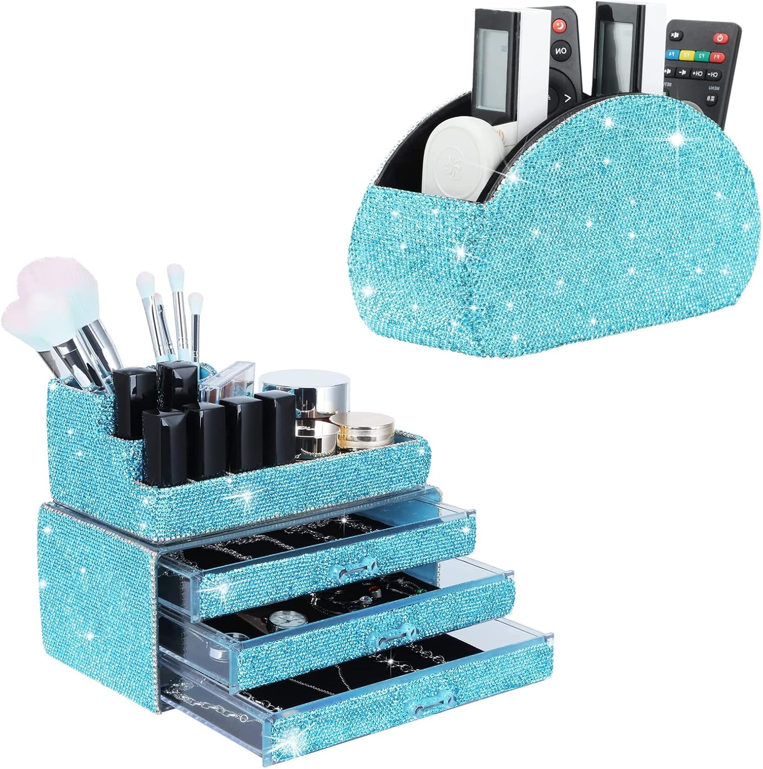 KEYPOWER Bling Rhinestone Makeup Cosmetic Jewelry Organizers Drawer & Remote control