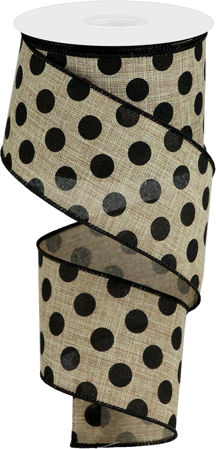 Polka Dot Wired Ribbon, 2.5 Inch x 50 Yard Tan/Black