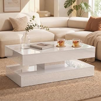 OC Orange-Casual White Coffee Table in High Gloss Modern Coffee Table with 2 Shoe Shelves Rectangular Living Room Table with Storage Space Sofa Table for Living Room 100 x 50 x 45 cm White