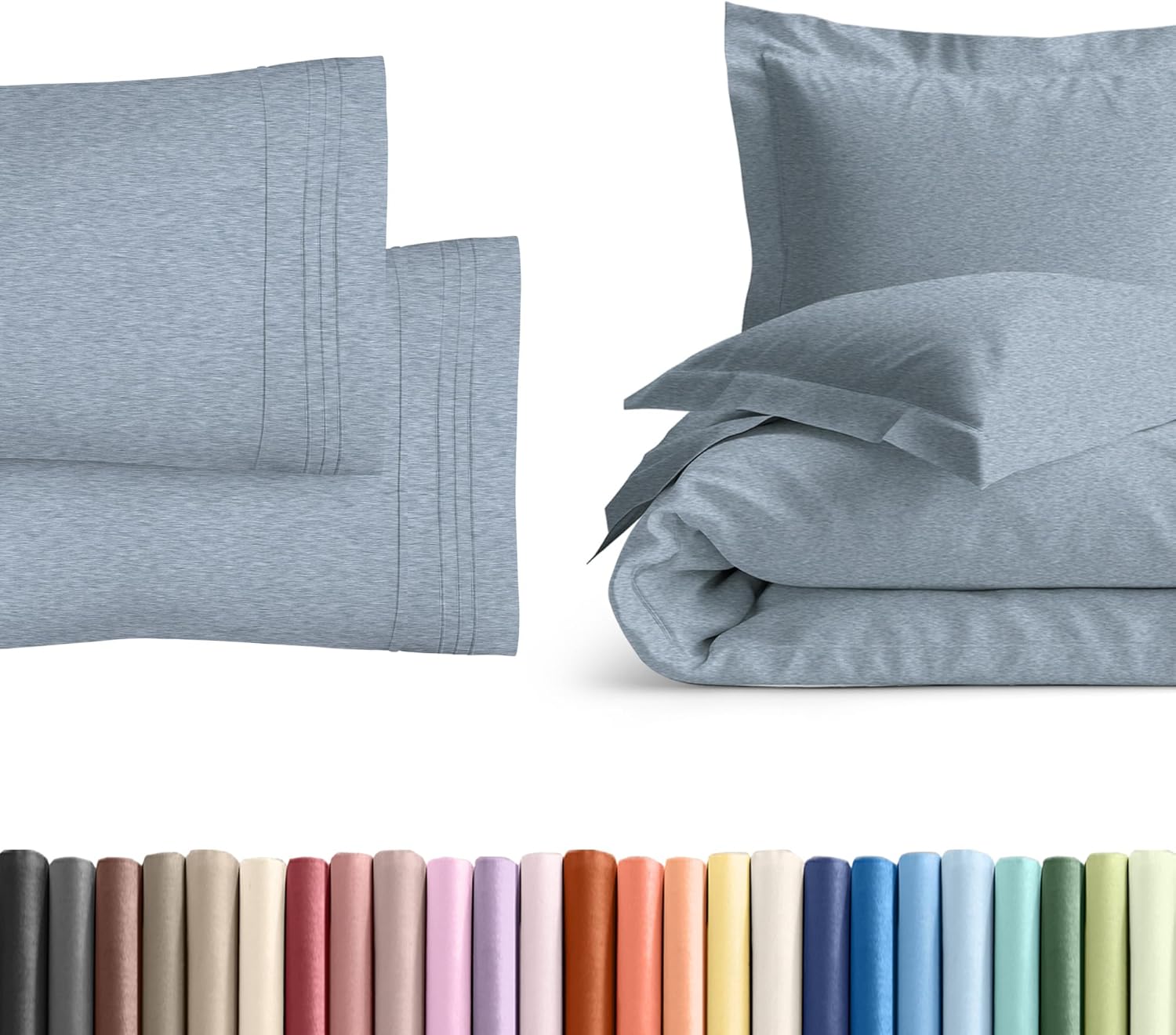 Queen Pillow Cases Set of 2 with Duvet Cover - Hotel Quality Pillowcase Covers - Comfy Bedding for Women, Men, Kids and Teens - Machine Washable Protectors - 2 Piece Set - Queen Size Heathered Blue