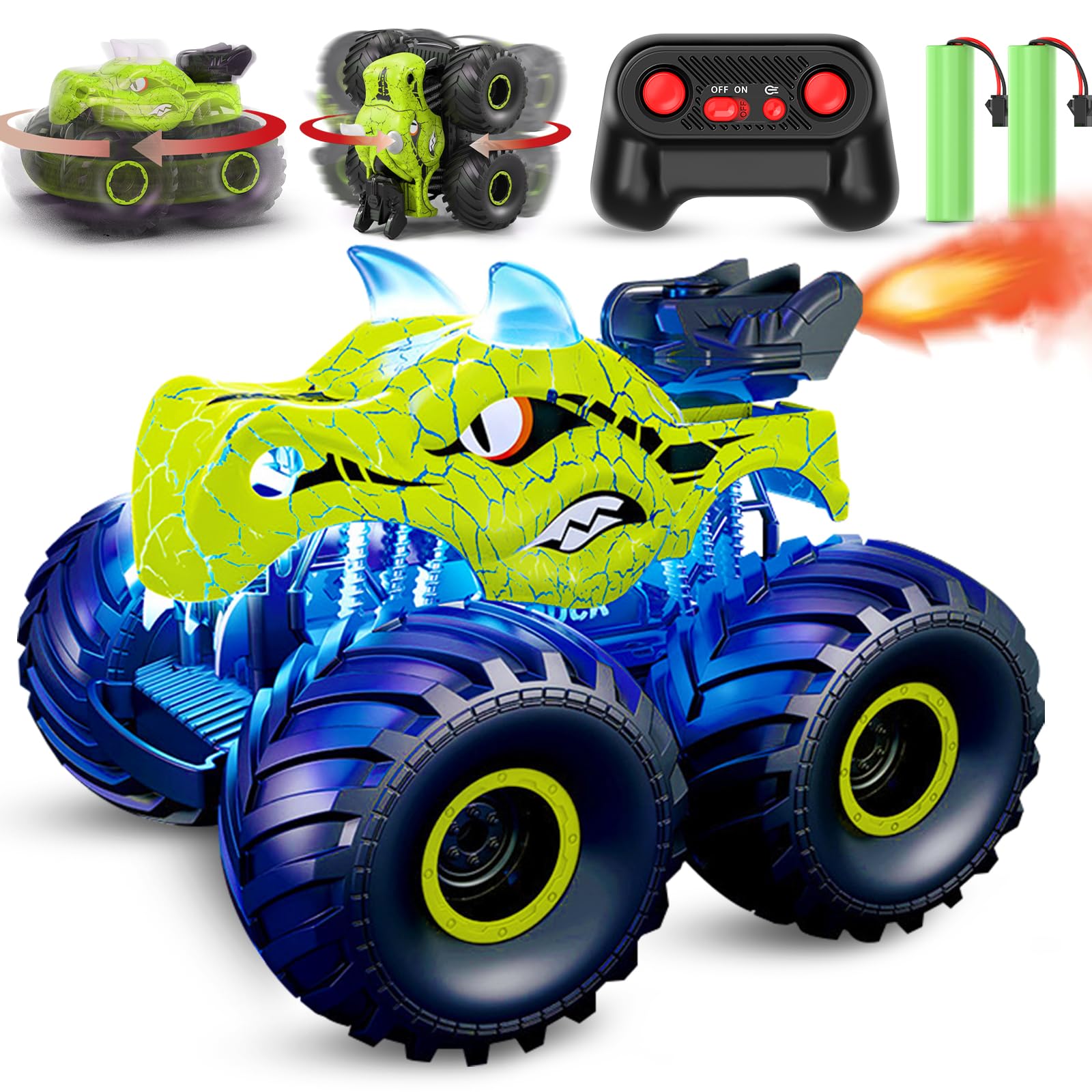 Scientoy Remote Control Car, 360 Rotating RC cars for boys 4-7 with Spray, Light & Sound, 2.4 GHz All Terrain Monster trucks, Dinosaur Toys for Kids 3 4 5 6 7 8 with 2 Batteries, Gifts for Boys Girls, Green 