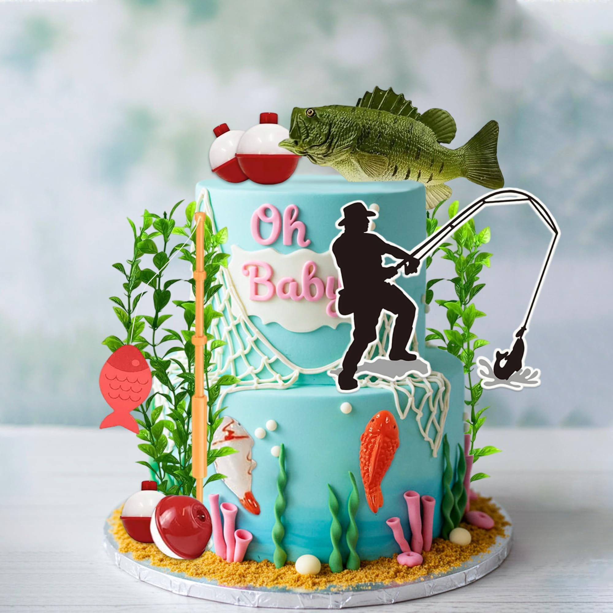 Topper Per Torta A Tema Pesca – 13 Pezzi Decorazioni Per Compleanno E Pensionamento, Con Statuetta Basso E Canna