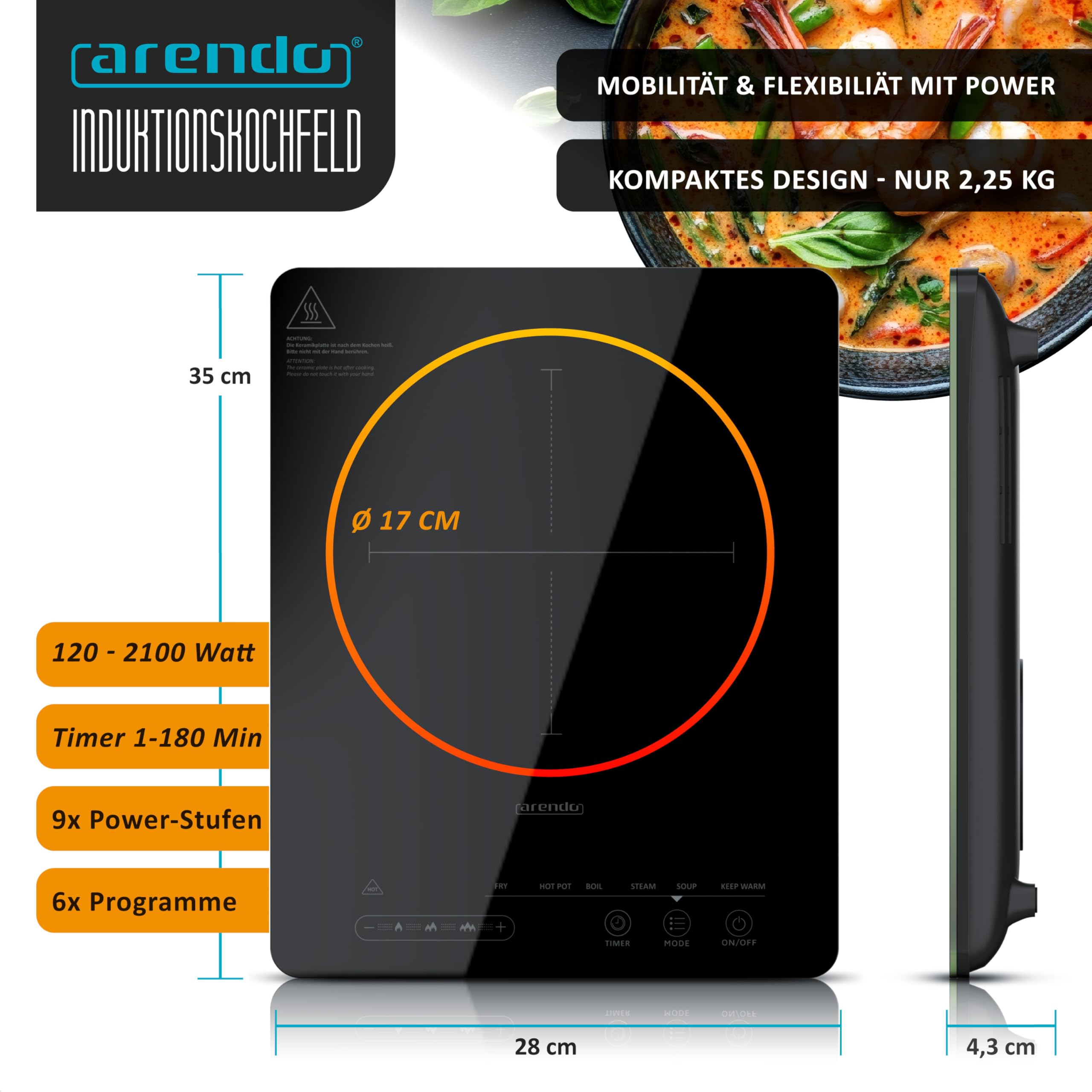 Arendo - Kochplatte Induktion 2100 Watt - Induktionskochplatte - 9 Leistungsstufen - 1 Induktionskochfeld - Sensor Touch Bedienfeld - Überhitzungsschutz - Automatische Erkennung der Topfgröße