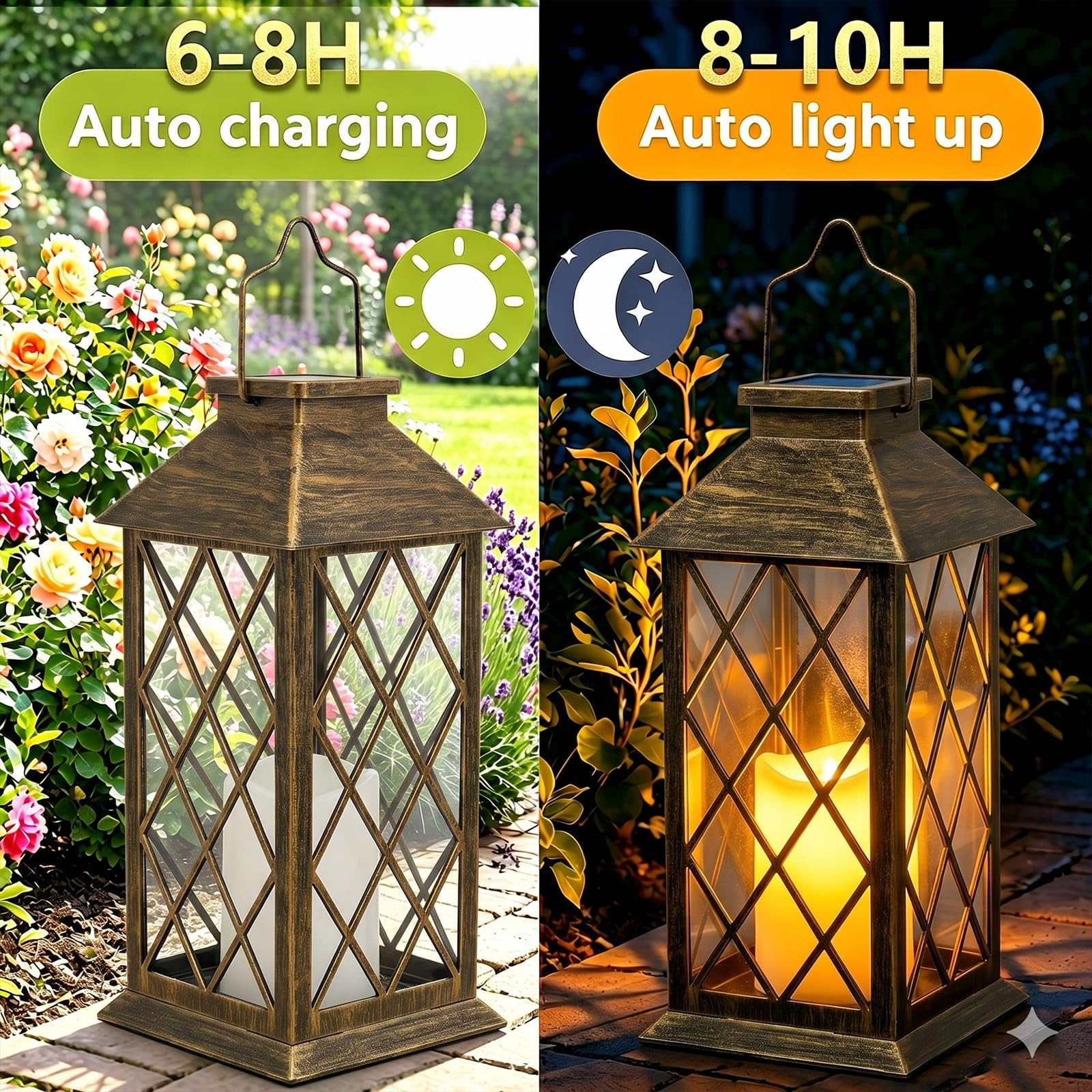 Yowin Solarlaterne für Außen 2 Stück 22cm Laternen für Draußen mit Flackernde Kerzen, Solarlampen für Außen Hängend Wetterfest Solar Tischlampe Outdoor für Draußen Balkon Terrasse Gartendeko - Bronze