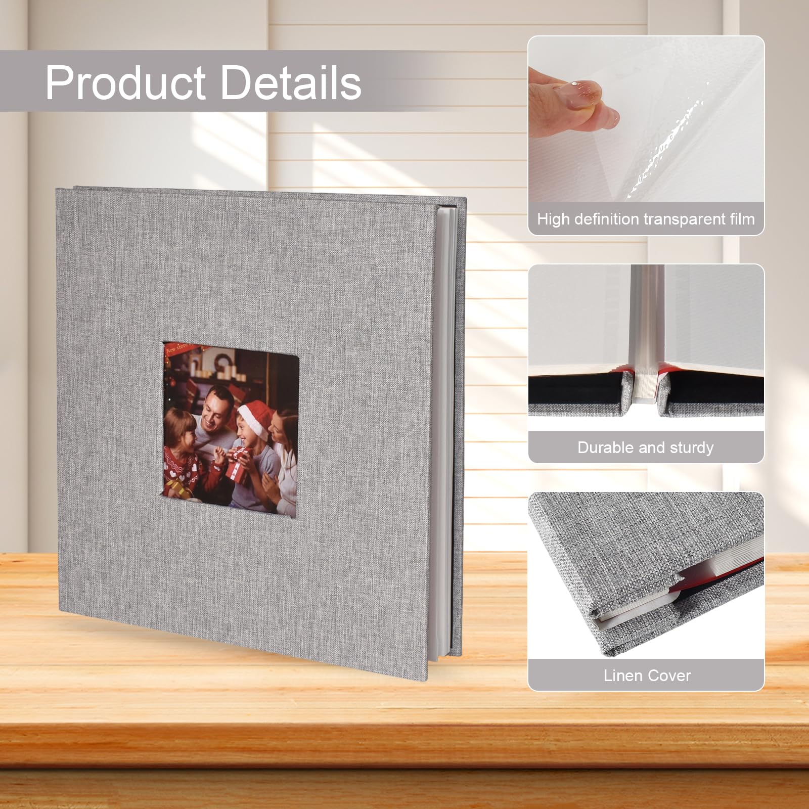 Album Fotografico Autoadesivo In Lino Grigio 28x27 Cm – 40 Pagine Per Foto 4x6, 5x7, 8x10 – Libro Ricordi Per Matrimonio E Viaggi