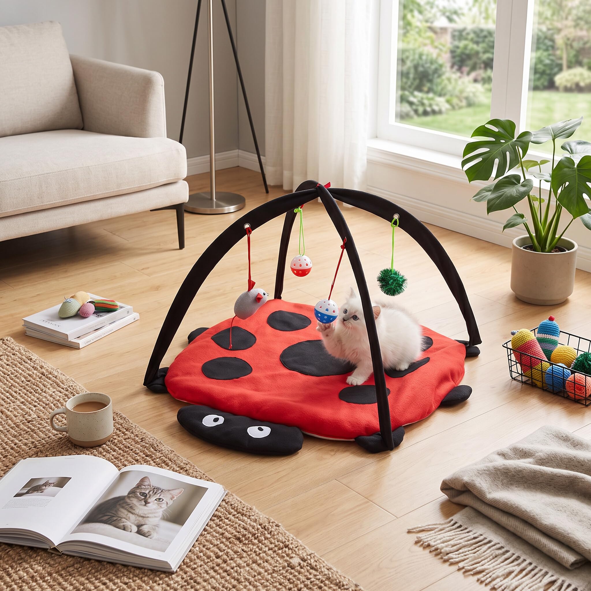 Wakects Cat Spielteppich, Cat Bed Toy Katze Hund Interaktive Matte Haustier Puffer Bett mit hängenden Spielzeug Balls und Mäuse, Katze Spielzeug Großes