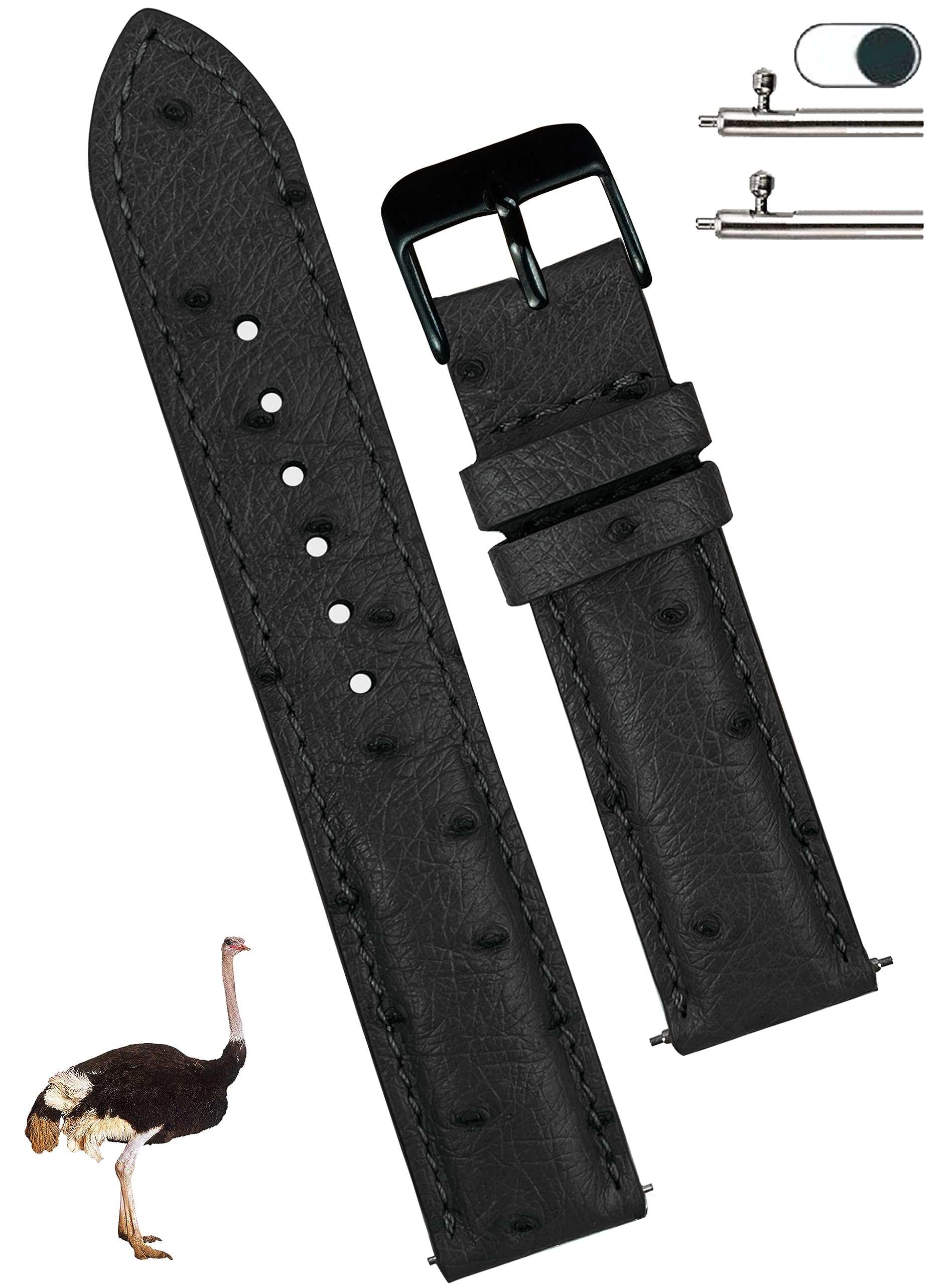 vinacreations 22mm Black Ostrich Leather Watch Band Men Quick Release Replacement Strap Extra Soft Handmade Wristband Stainless Steel Buckle, Father's Day Gift for Dad Son Husband DH-181B-22MM