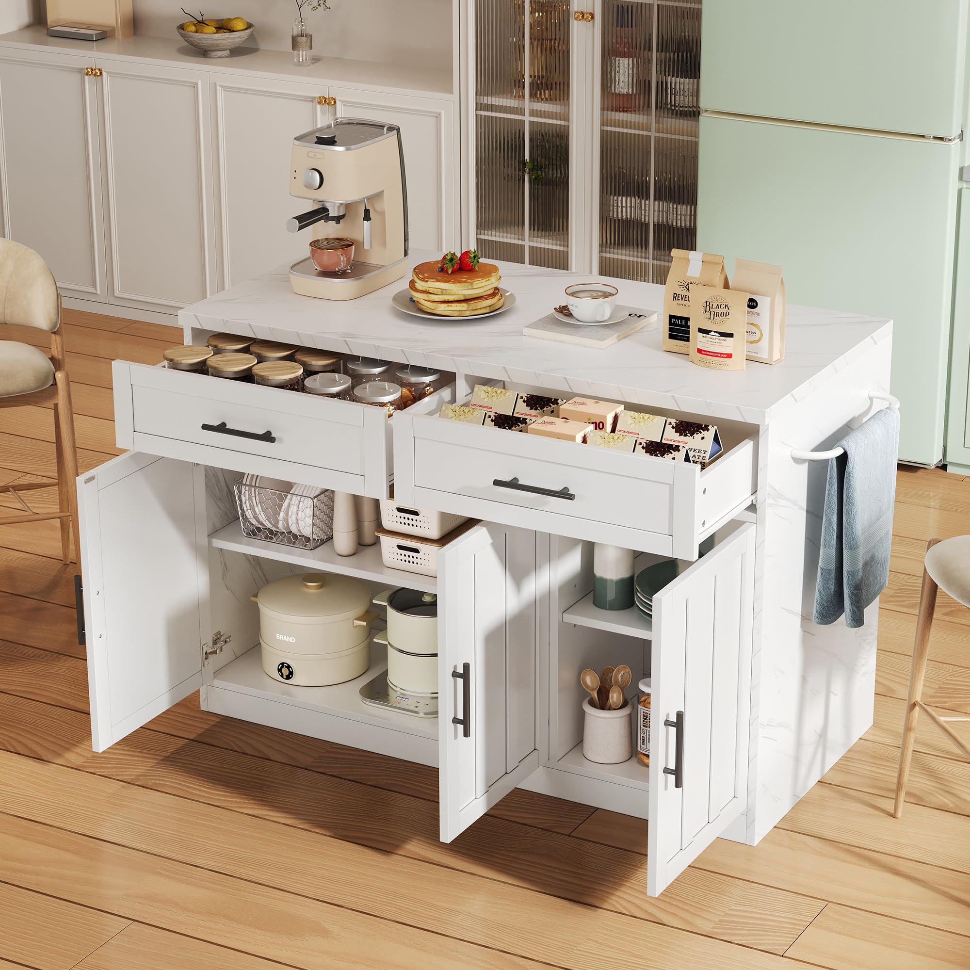 Isola Da Cucina 120x60x91 Cm Con Prese, Porte USB, Ripiani Regolabili E Porta Asciugamani – Bianco, Ideale Per Appartamenti E Spazi Moderni