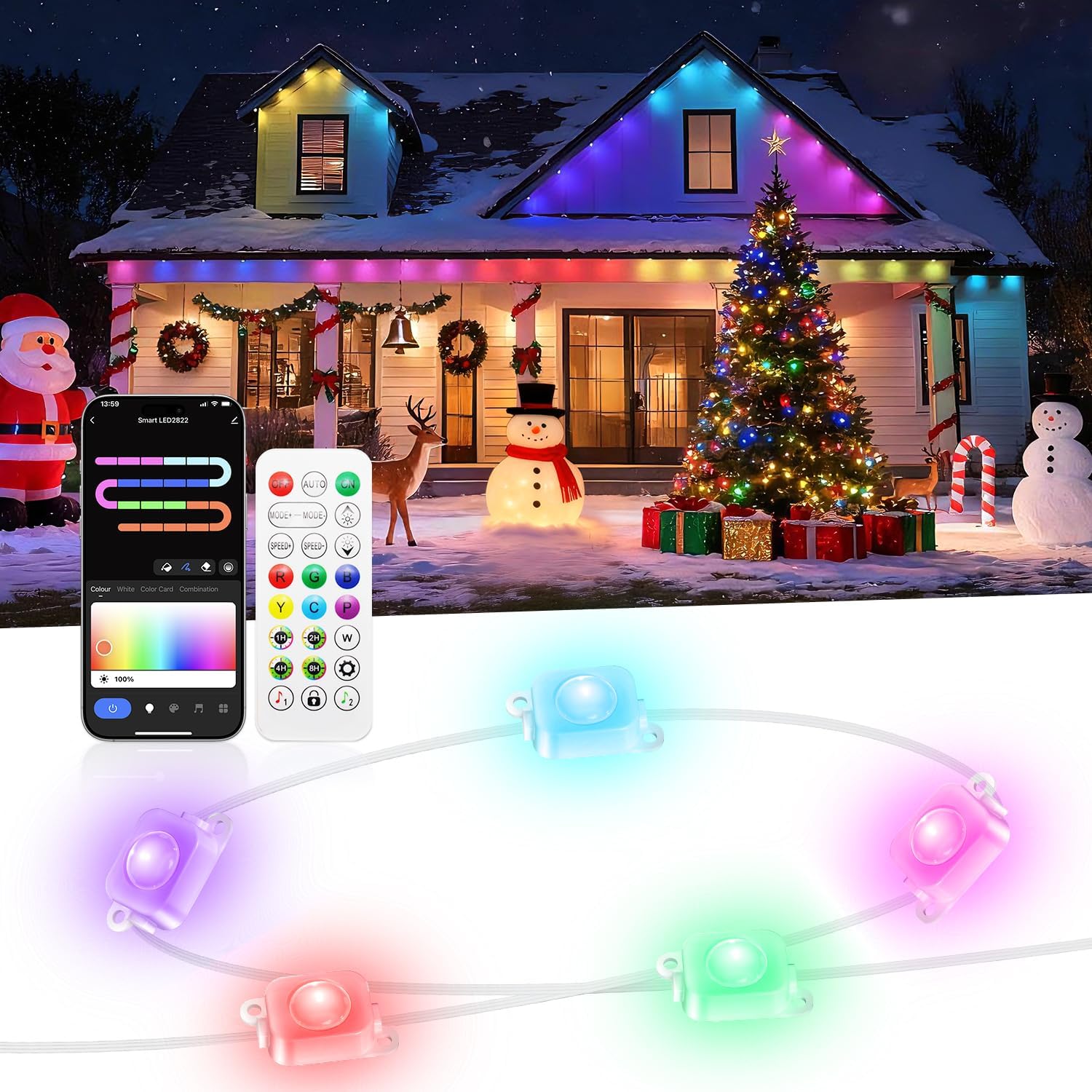 100FT Permanent Outdoor Lights for House -Eaves Lights with 50 IC+RGBCW LED IP67 Waterproof, Smart Outside LED Christmas Light with App/Remote, Eternity Lighting for Holiday/Daily