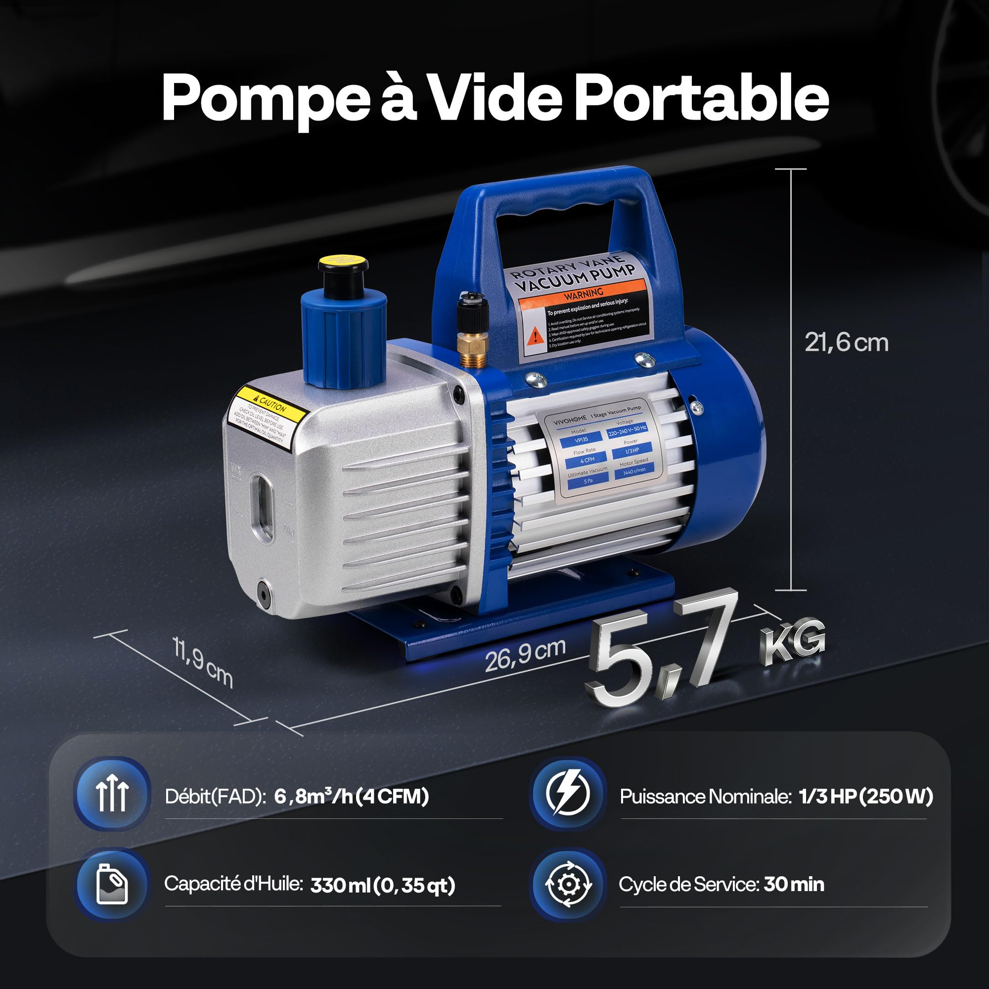 VIVOHOME Pompe à Vide 4CFM Pompe à Vide Monostage pour Climatisation avec Bouteille d'Huile, Silencieuse Durable Faible Entretien, pour Systèmes HVAC et Réfrigération Automobile