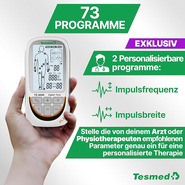 TESMED TE-880R Plus TENS EMS Gerät: Wiederaufladbarer Muskelelektrostimulator, Reizstromgerät mit TENS Gerät Schmerztherapie, EMS & Massagefunktion, 73 Programme (2 anpassbar), 8 Elektroden - 4