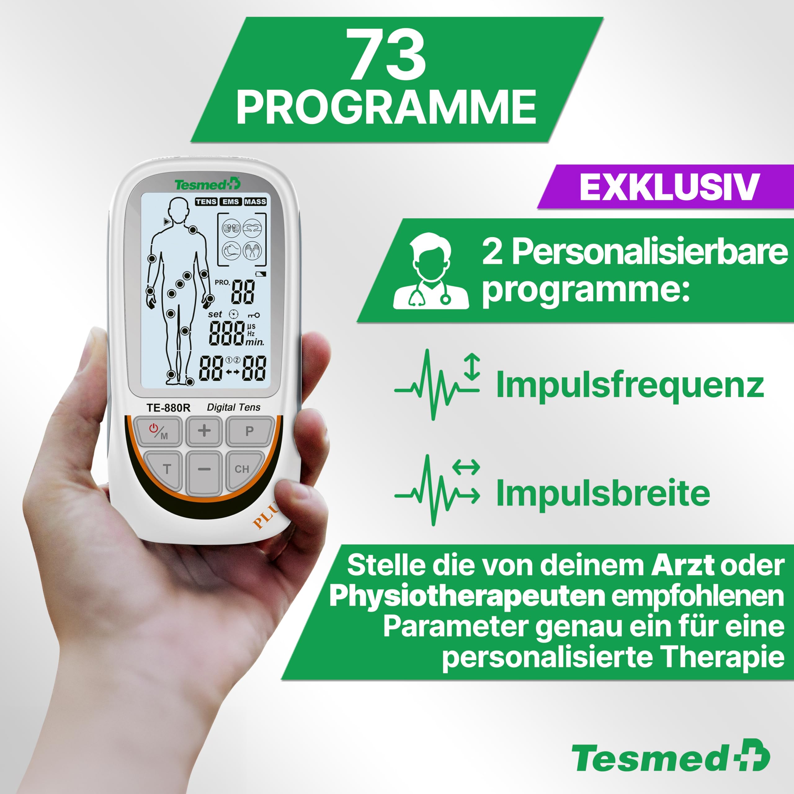 TESMED TE-880R Plus TENS, EMS & Massagegerät, Wiederaufladbar | 73 Programme, davon 2 anpassbar, und 8 Elektroden.