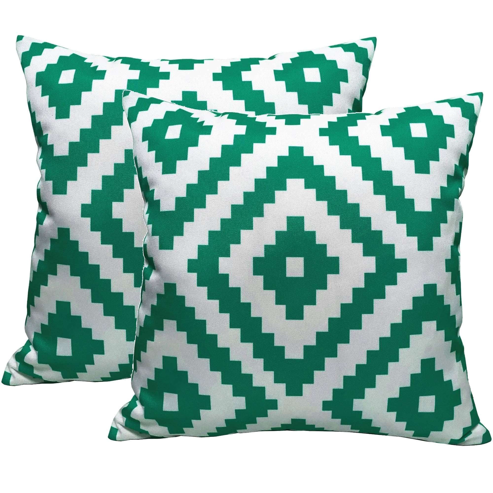 POSHLIVING 2 Pack Outdoor Cushions Waterproof FILLED 45x45cm With Invisible Zippered Outdoor Garden Cushions Waterproof 18"x18" With Cushion Covers & Pillow For Living Room Garden Sofa (Geo Green)