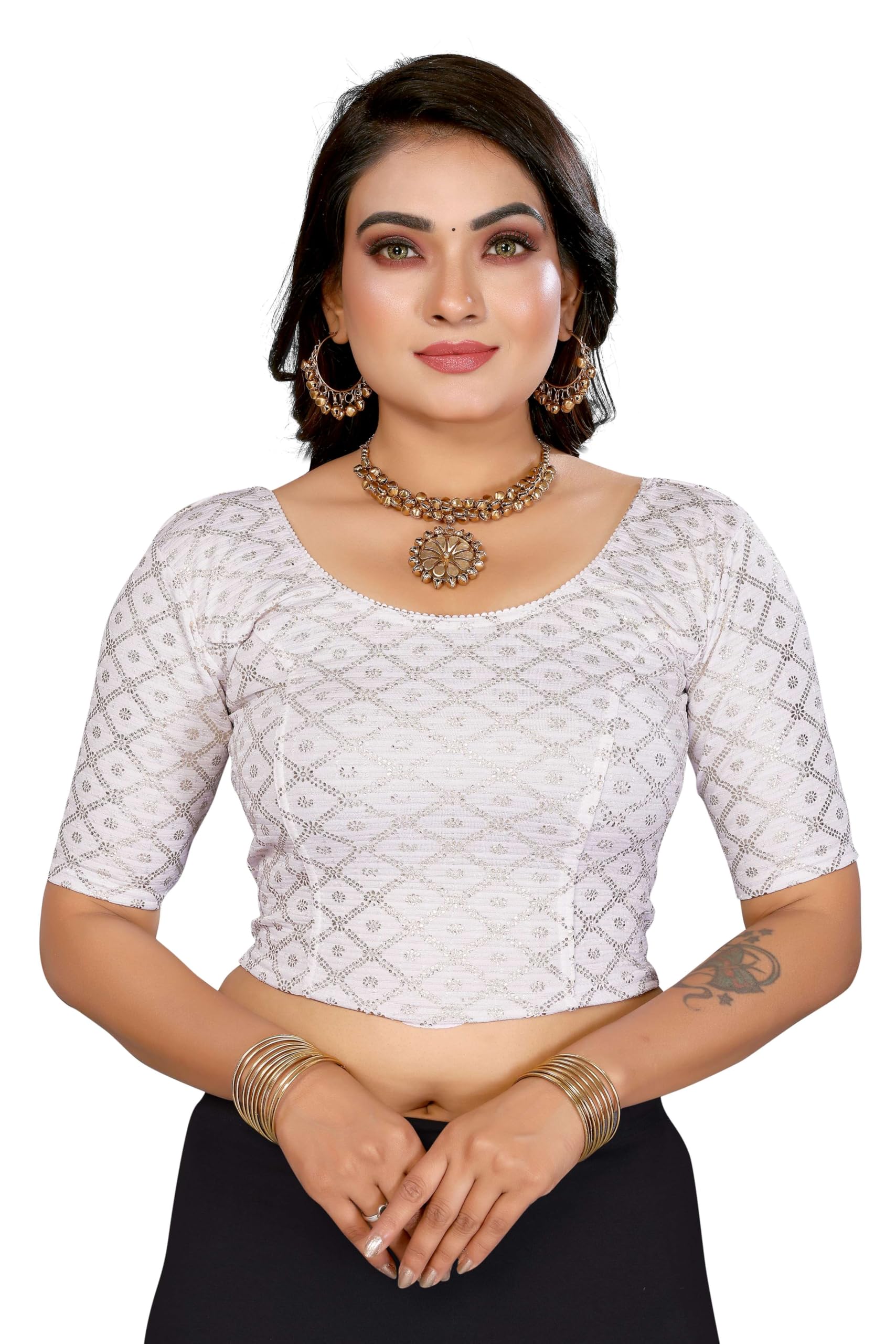 Sanmati Fancy Lycra Roundneck Stretchable Blouse for Women Short Sleeve Non-Padded Saree Blouse Readymade Blouses Foil Work Blouses