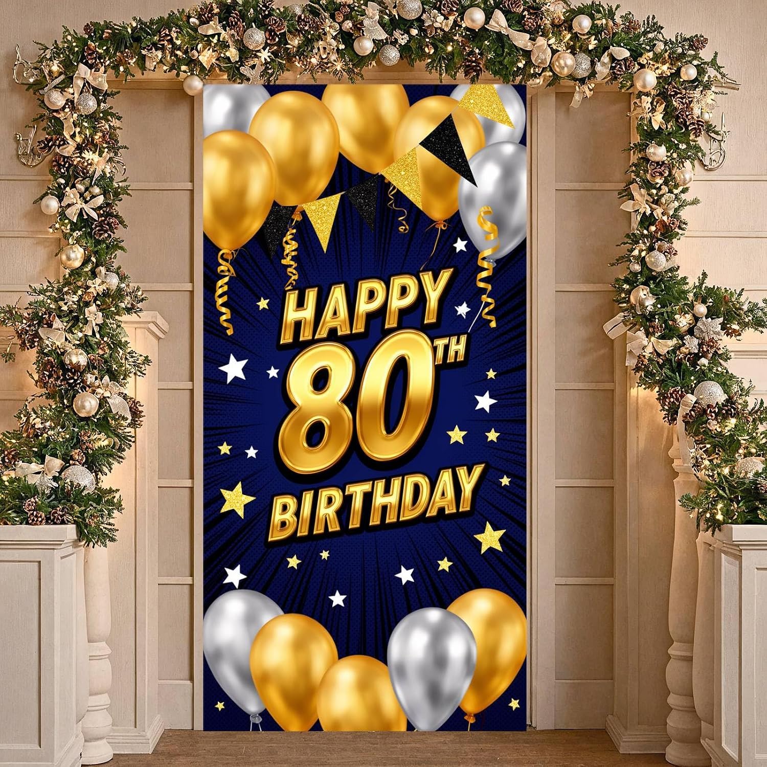 Happy 80th Birthday Door Banner, Navy Blue Gold 80th Birthday Door Cover Decoration for Men Women Birthday Anniversary Party Supplies Sign Porch Decor 70.8 x 35.4 inch image 2