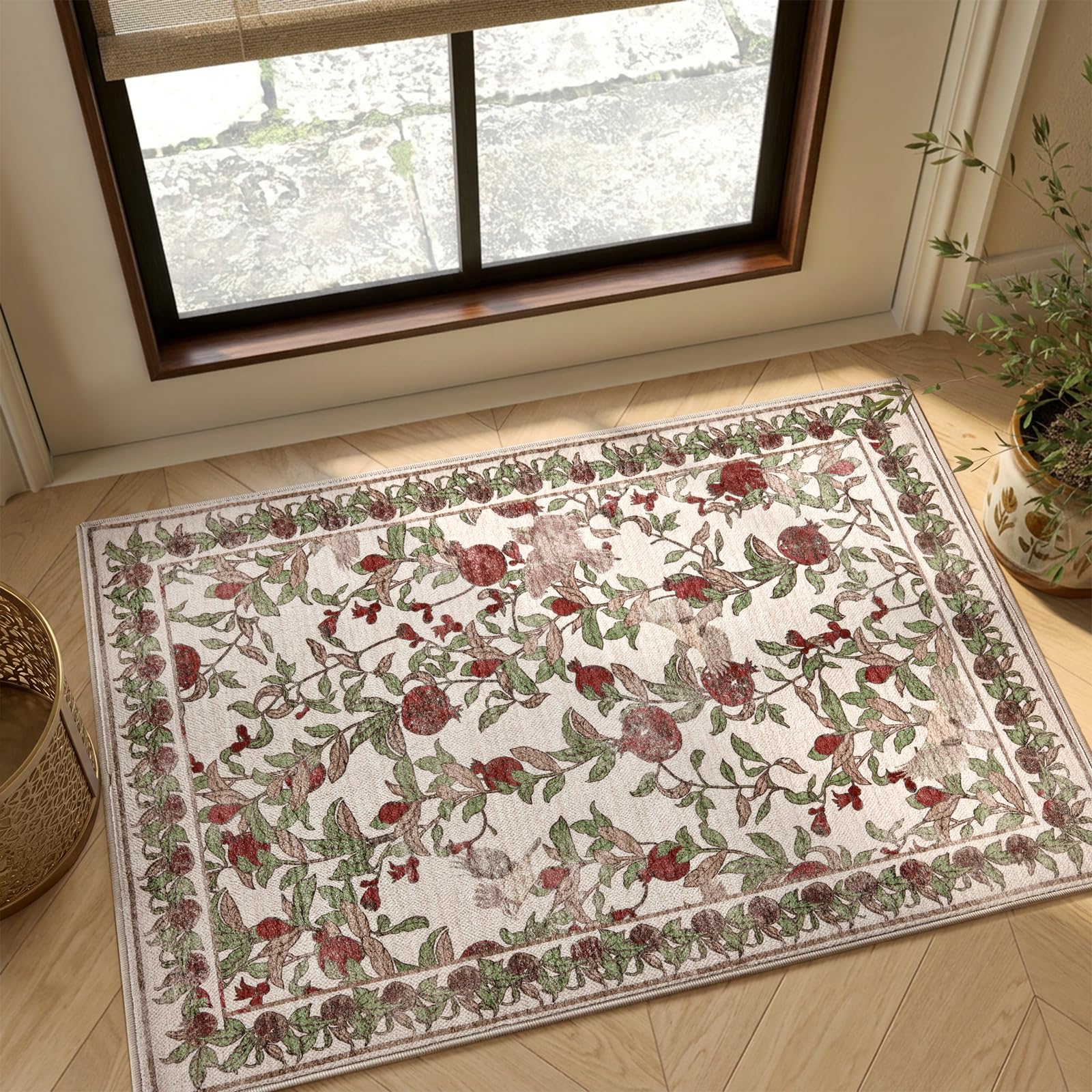 TOPICK Soft Cashmere Texture Machine Washable Rugs 60x90cm, Lightweight Small Beige Red Area Rug, Vintage Pomegranate & Bird Printed Non-Slip Door Mat,Entrance, Entryway, Corridor, Easy Care — image 1