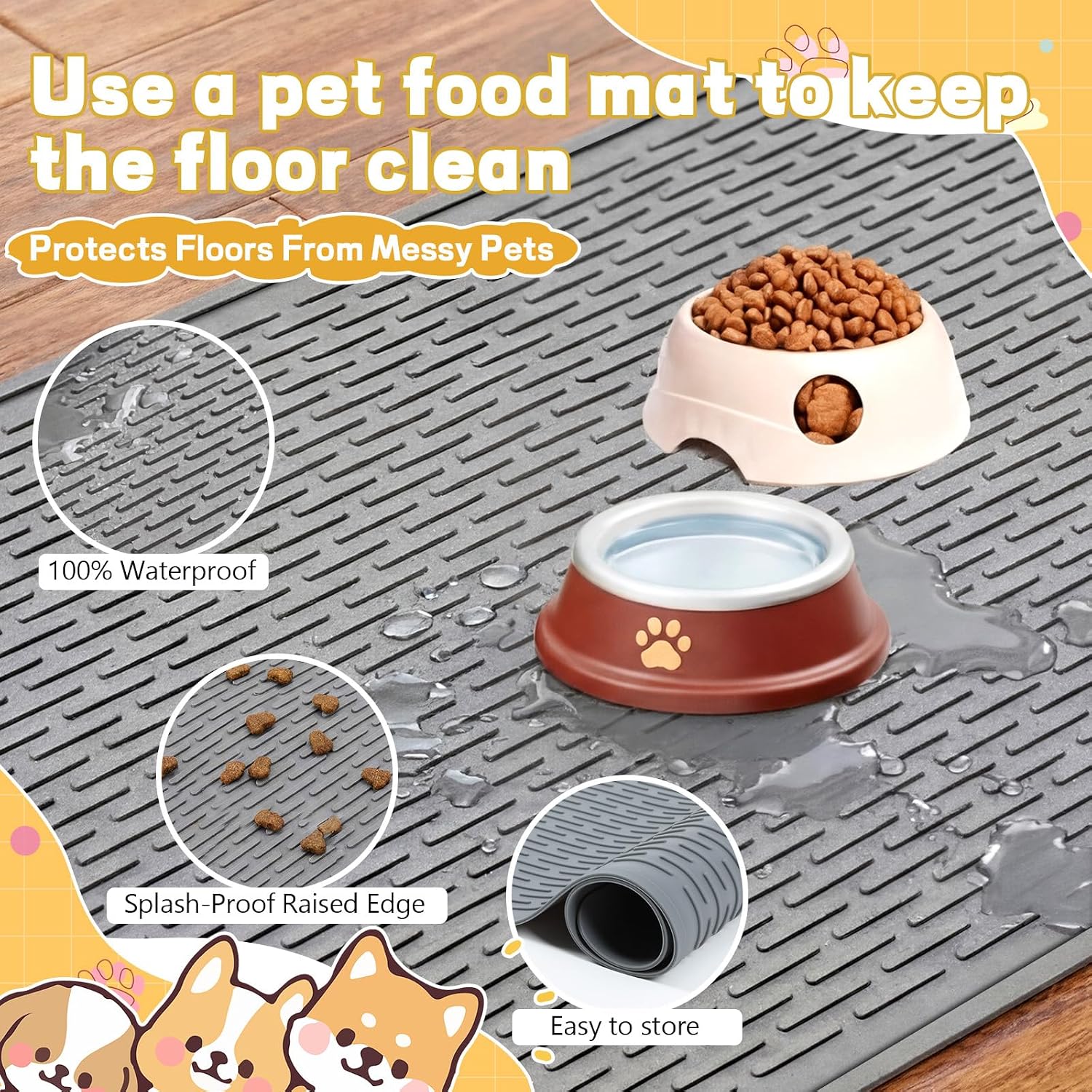 2 Pcs 34" x 22" Large Silicone Dog Food Mats Waterproof Dogs & Cat Bowl Mat with Raised Edge, Washable Nonslip Pet Feeding Mat for Multi-pet Homes Floor Protector, Washable, Grey