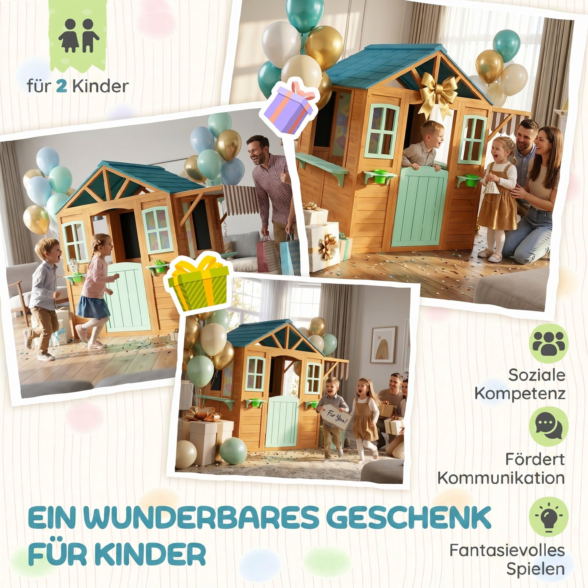 AIYAPLAY Kinderspielhaus aus Holz Spielhaus Outdoor mit Verkaufstheke Pflanzenkasten Kreidetafel Zieltuch 4 Ball Fenster Tür Gartenhaus für Kinder 142 x 120 x 141,5 cm Mehrfarbig