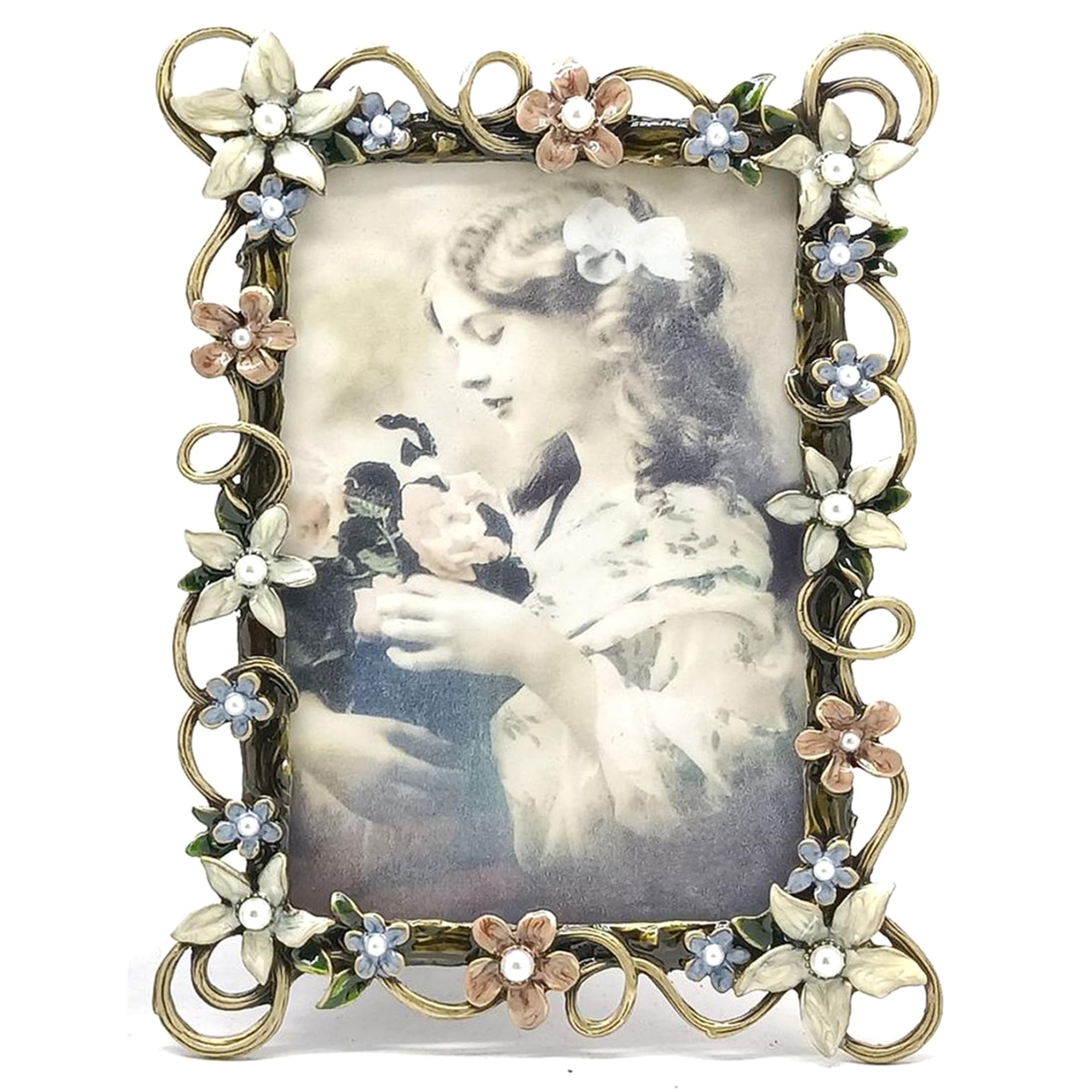 Gemuseeee 6x4 Inch Enamel Decorative Floral Picture Frames Vintage Ornate Metal Flower Frame for Home Office Tabletop Display