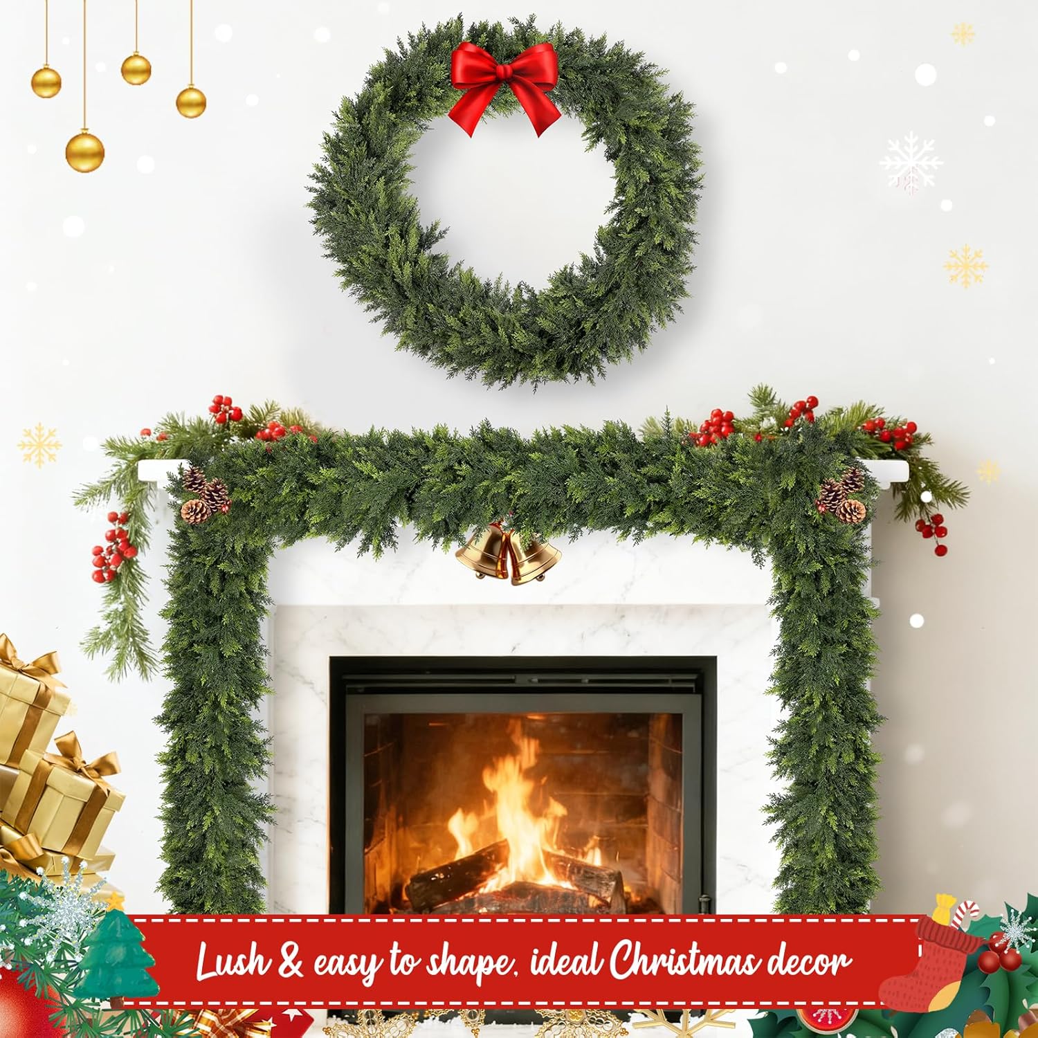 2Pcs 9FT Christmas Cedar Garland Artificial Real Touch Winter Cedar Pine Garland Thickness Lush Holiday Greenery Garlands for Mantle Fireplace Stairs Table Porch Outdoor Indoor Christmas Decorations