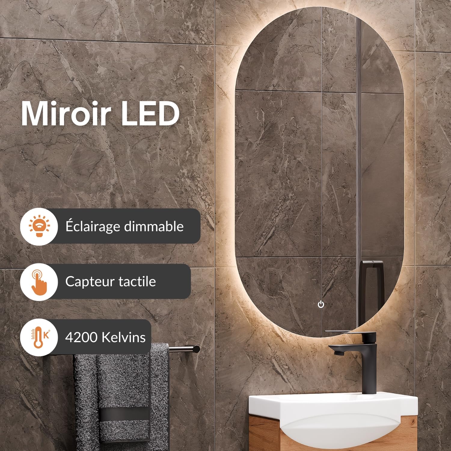 Planetmöbel Ensemble de Meubles de Salle de Bains Lavabo avec Meuble Bas 40 x 60 x 29 cm, Miroir avec éclairage 50 x 90 cm & Armoire Centrale pour Salle de Bains & WC invités, chêne doré