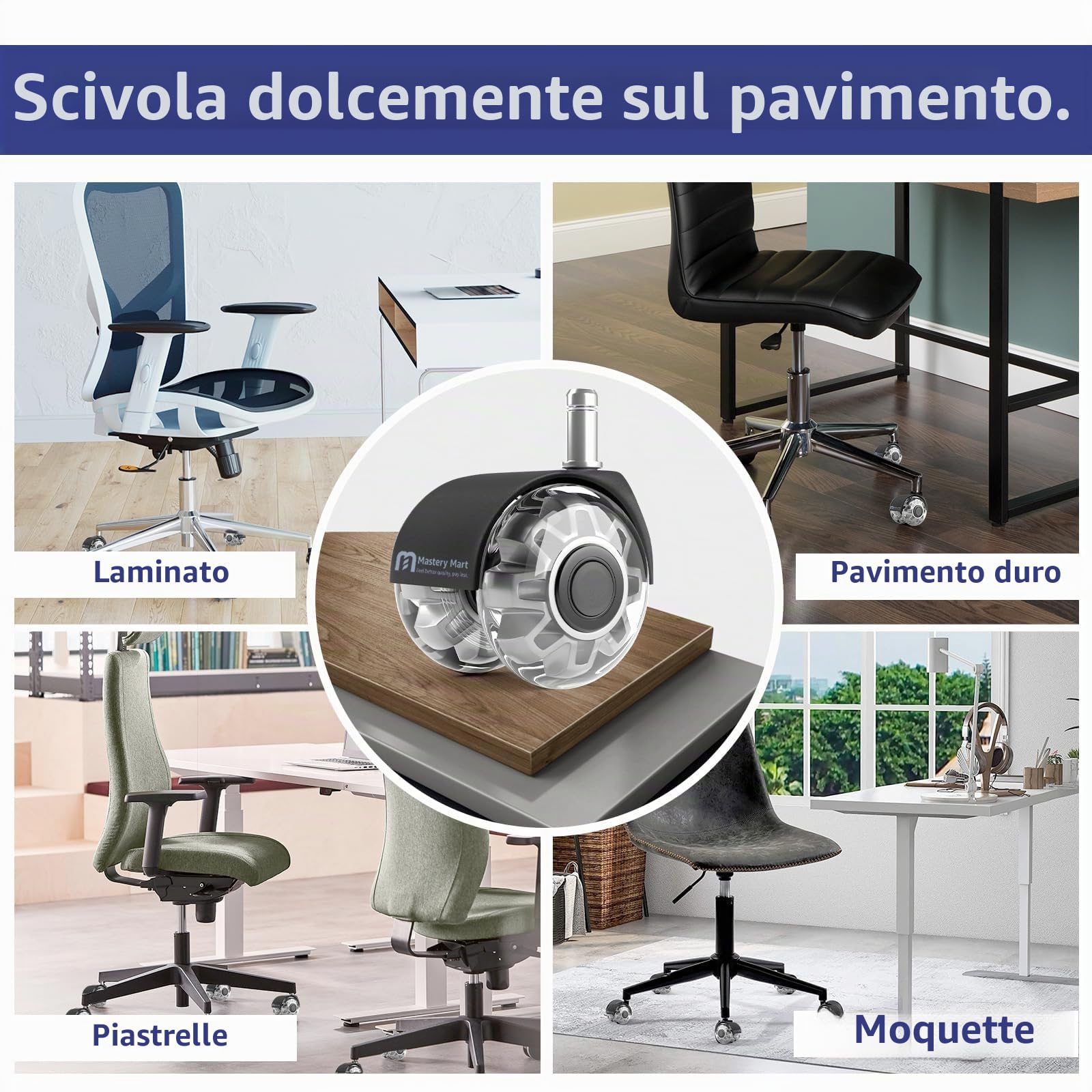 Mastery Mart Ruote per Sedia da Ufficio 11mm, Ruote in Gomma Silenziose Proteggono i Pavimenti Duri da Graffi e Danni, Mai Più Tappetini Protettivi, Set di 5 Ruote per Sedie da Ufficio (Grigio, NON