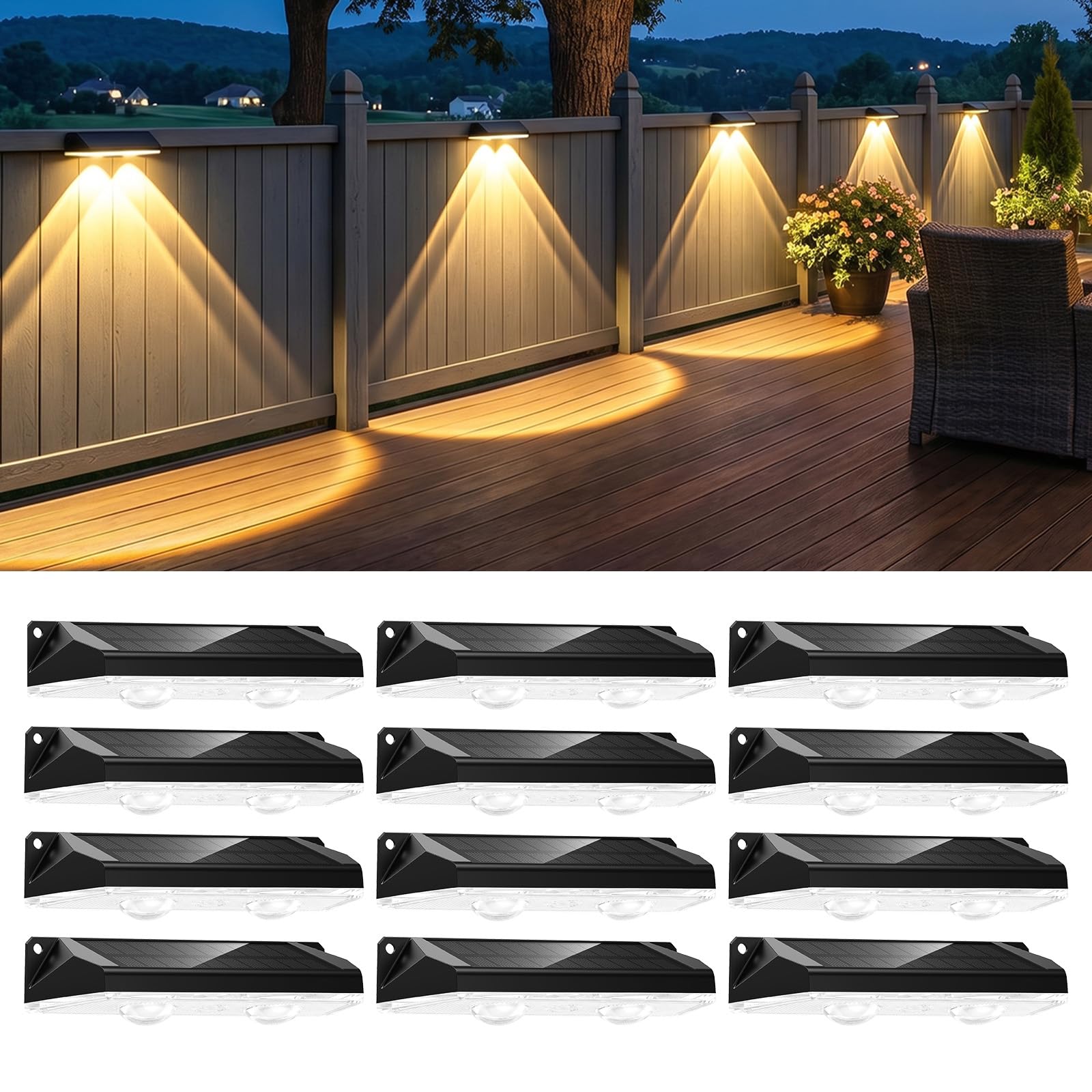Photo 1 of Brightown Solar Fence Lights Outdoor, IP65 Waterproof 3000/4000/6000K/RGB 11 Colors Solar Deck Step Flood Lights, Solar Patio Lights for Outside Backyard Yard Home Improvement Wall Railing, 12 PackLPNPMGI7078042