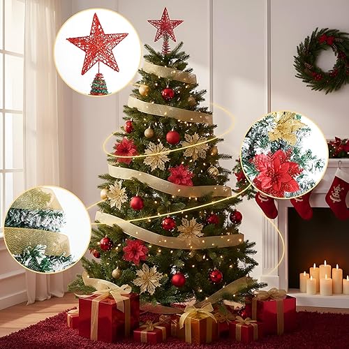Miniatura 3 de Skylety Juego de 104 piezas de decoraciones para árbol de Navidad, bolas de adornos colgantes de Navidad rojos y dorados, estrella para la punta del