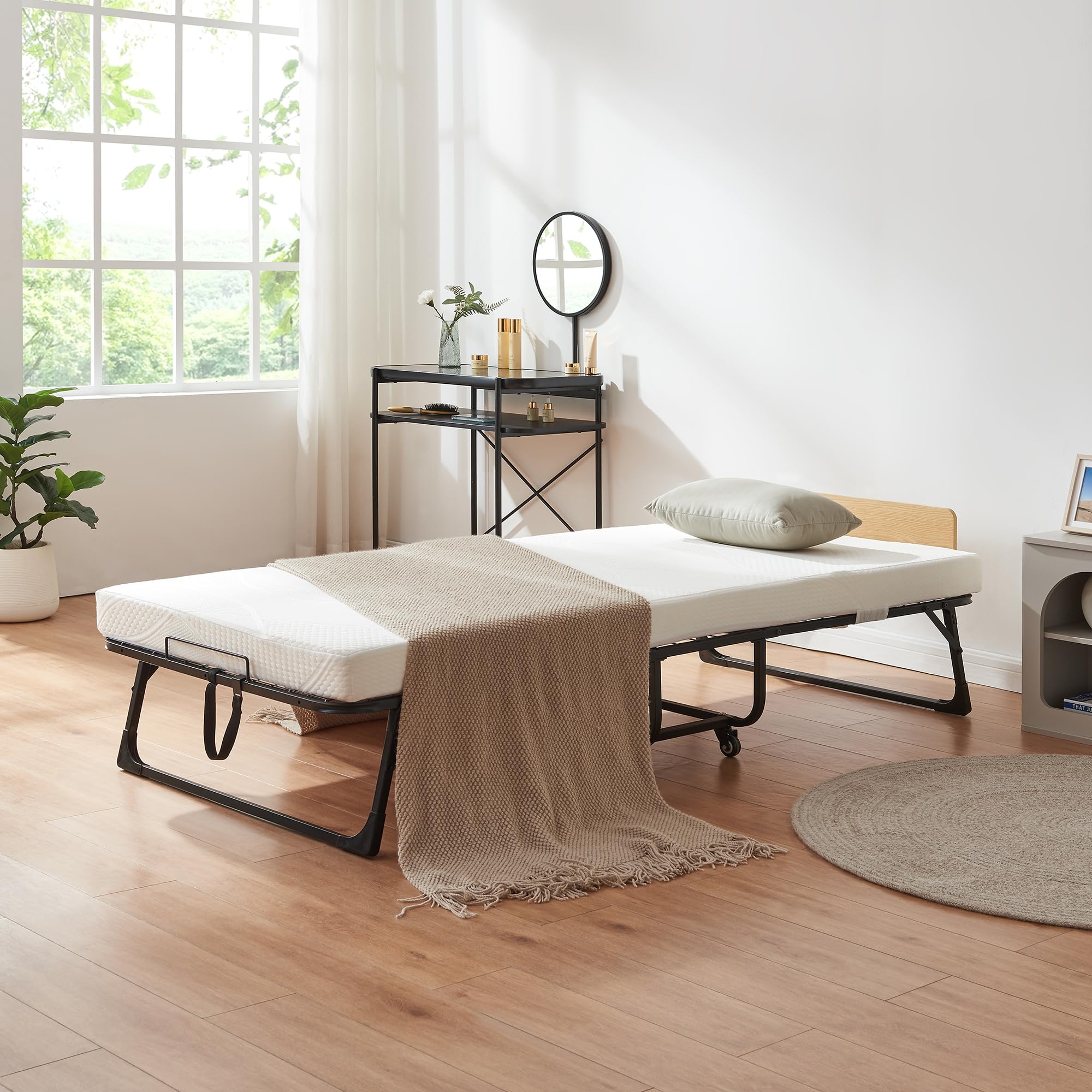 [en.casa] Klappbett 90x200 cm Erwachsene Lustendi mit Matratze Gästebett klappbar mit Kopfteil Metallbett mit Rollen Schwarz/Eicheoptik