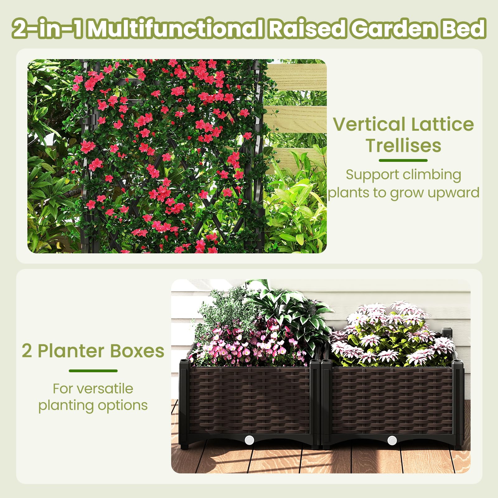 HOMASIS Lit de Jardin Surélevé avec Treillis, Jardinière d’Extérieur avec Disque Auto-Arrosant, Trous de Drainage, Bac à Fleurs pour Plantes Grimpantes, Légumes 80 x 40 x 126 cm (Noir)