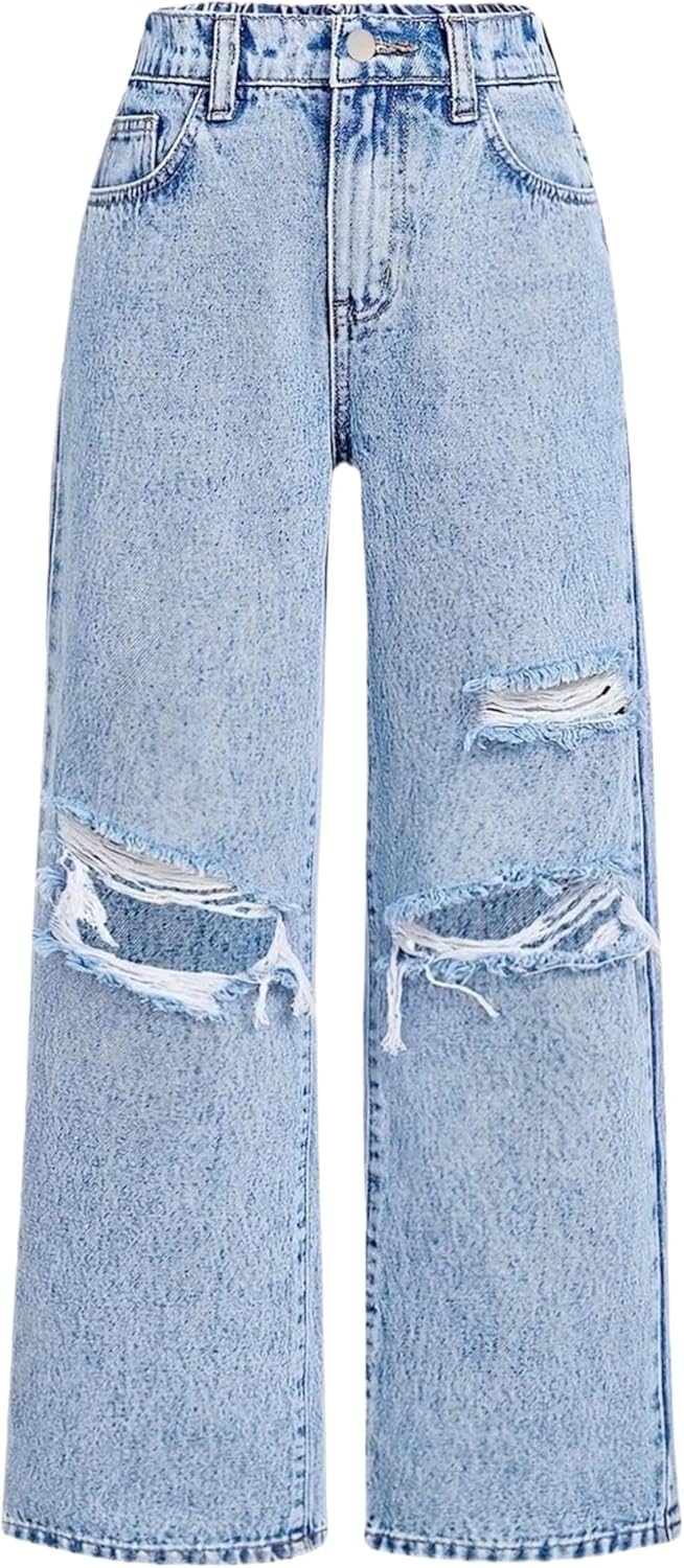 Jeans for Girls Baggy Wide Leg Cute Bow High Elastic Waisted Denim Pants Y2K Boyfriend Skater Streetwear 7-14Y