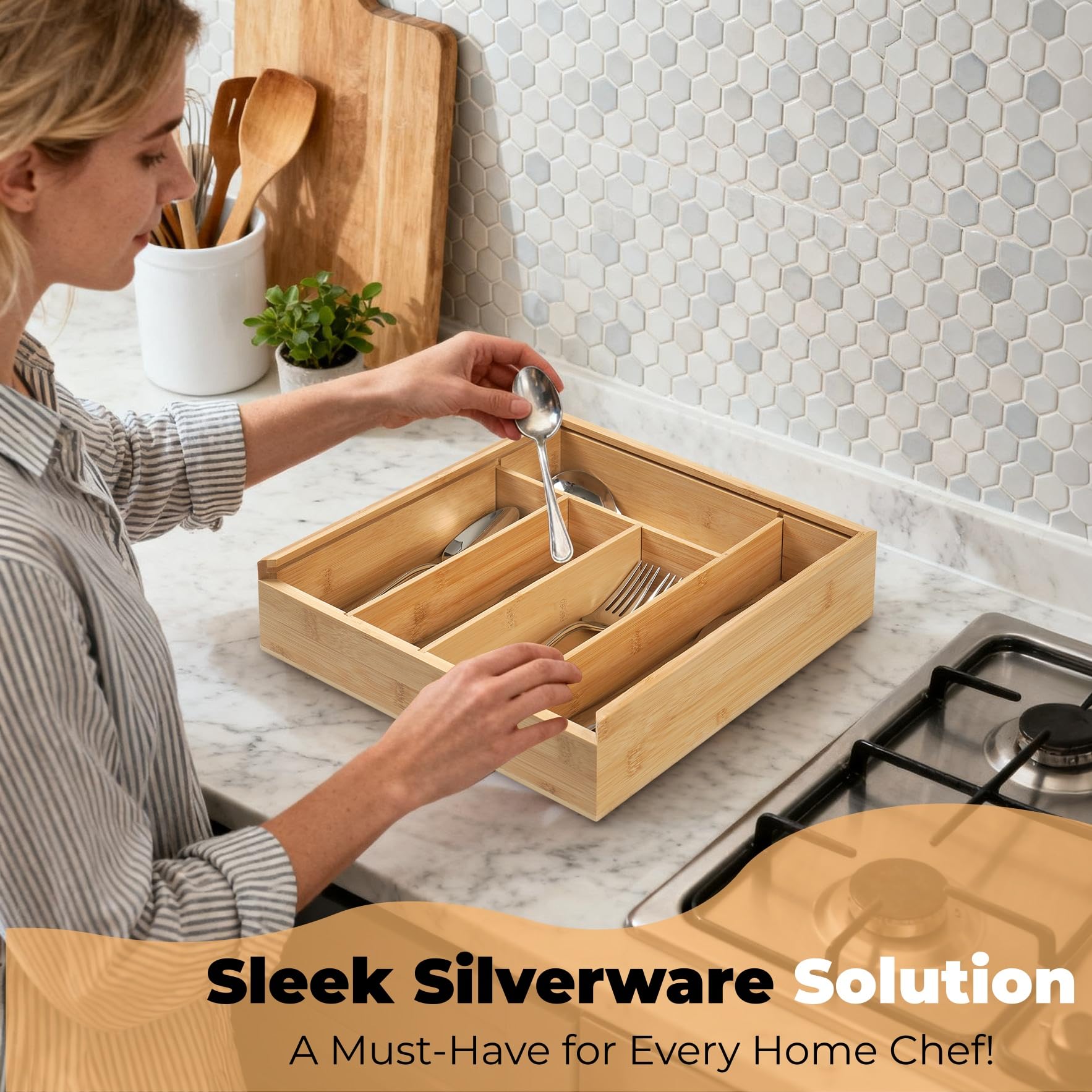 Drewniany zestaw na sztućce z pokrywą, 5 przegród na sztućce, 30x30x8cm organizer na sztućce do stołu i szuflady, drewniany uchwyt na sztućce z dekoracyjnym wzorem