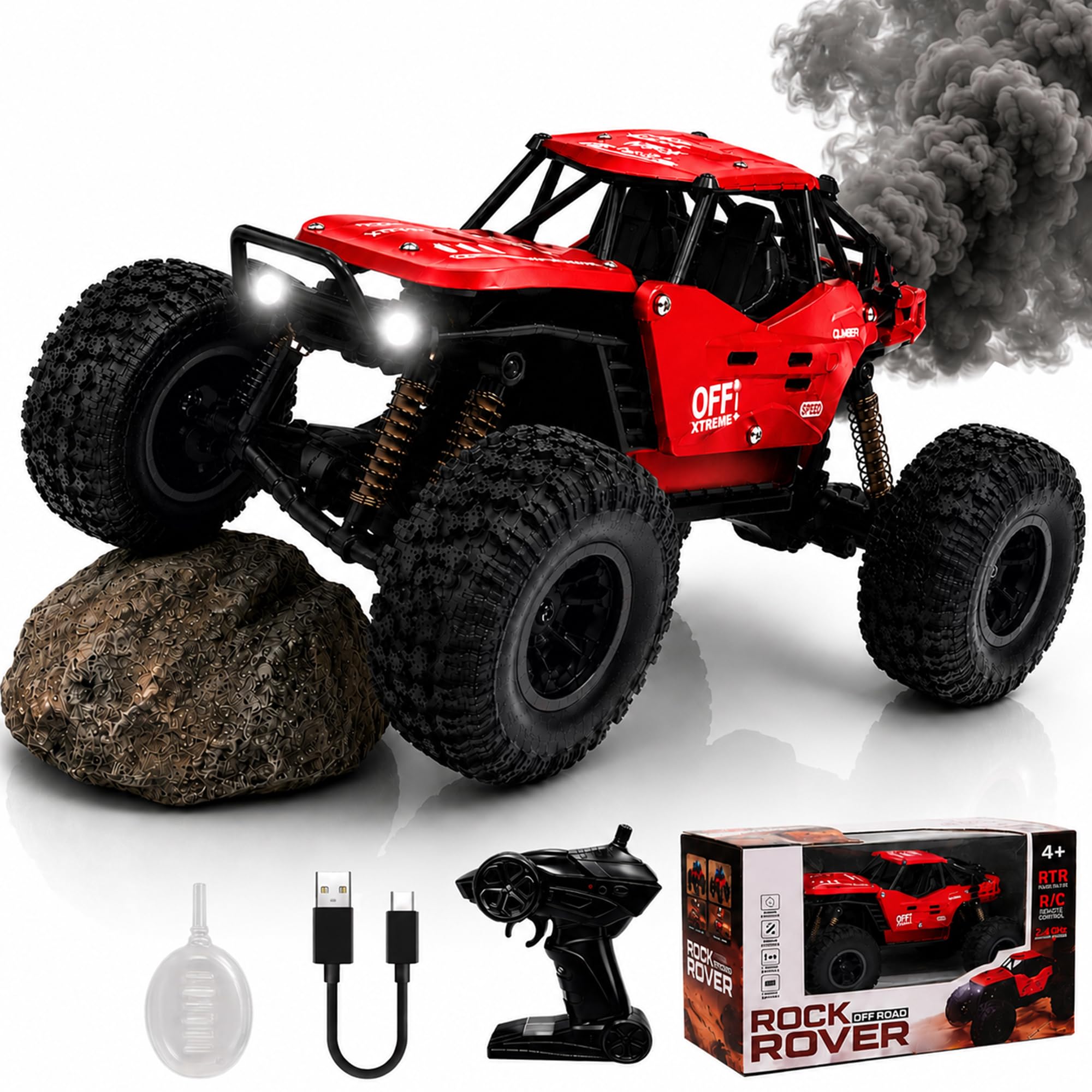 ZIVVY Big Red Remote Control Car | Rock Crawler | LED Headlight | Rechargeable Battery with Type c Charger | 100m Range | Smoke | Toy Car for Kids & Boys 7-14 Years | Birthday Gift for Kids