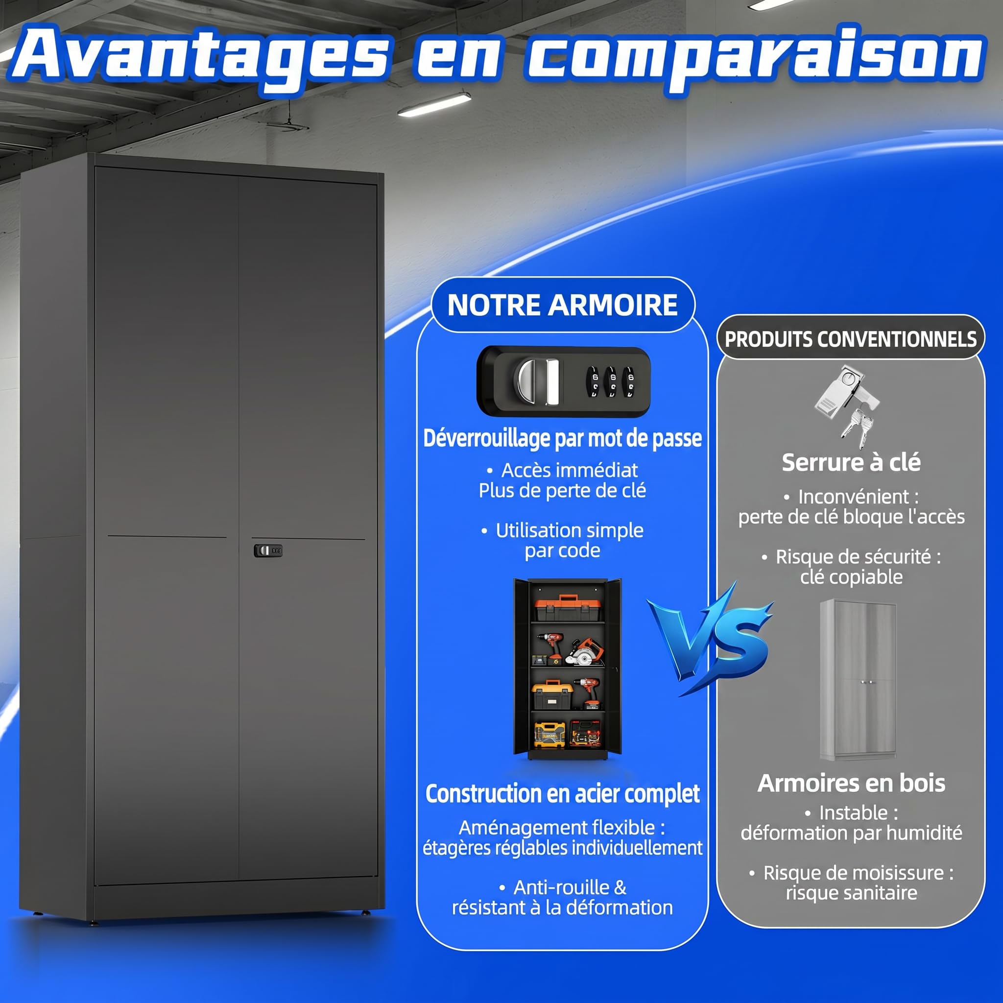 Armoire de Rangement Garage, Armoire Métallique avec Serrure à Combinaison, Cabinet de Stockage en Acier avec Étagères Réglables, Organisateur d'Outils et Maison, 40 x 80 x 180 cm, pour Bureau, Noir