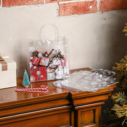 Miniatura 3 de Gueevin 60 bolsas de regalo transparentes de Navidad con asas, bolsas de plástico a granel, bolsas de regalo de copos de nieve, congelados, bolsas