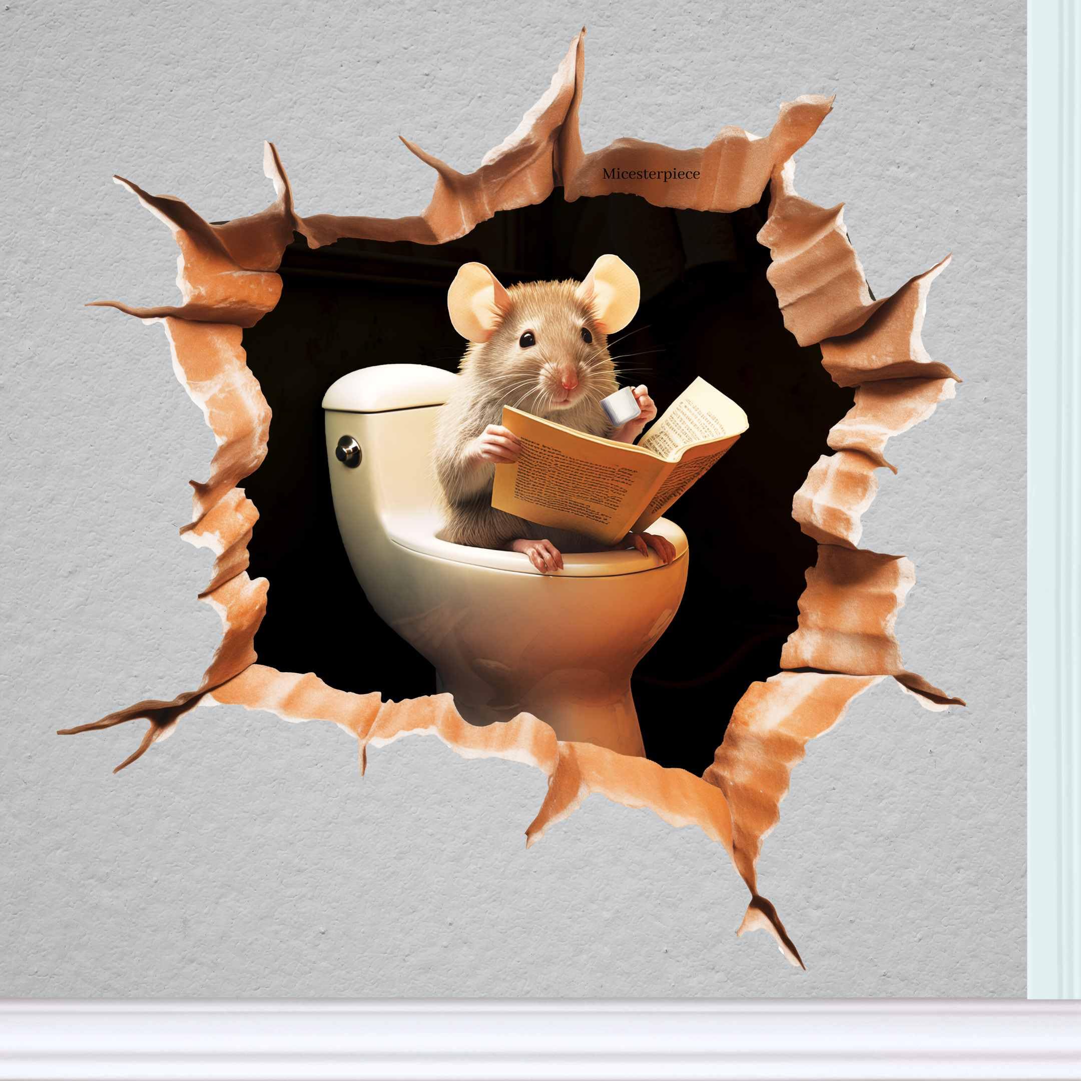 Mouse Sitting on Toilet - 3D Mousehole Wall Sticker Decal - Removable Bathroom Décor