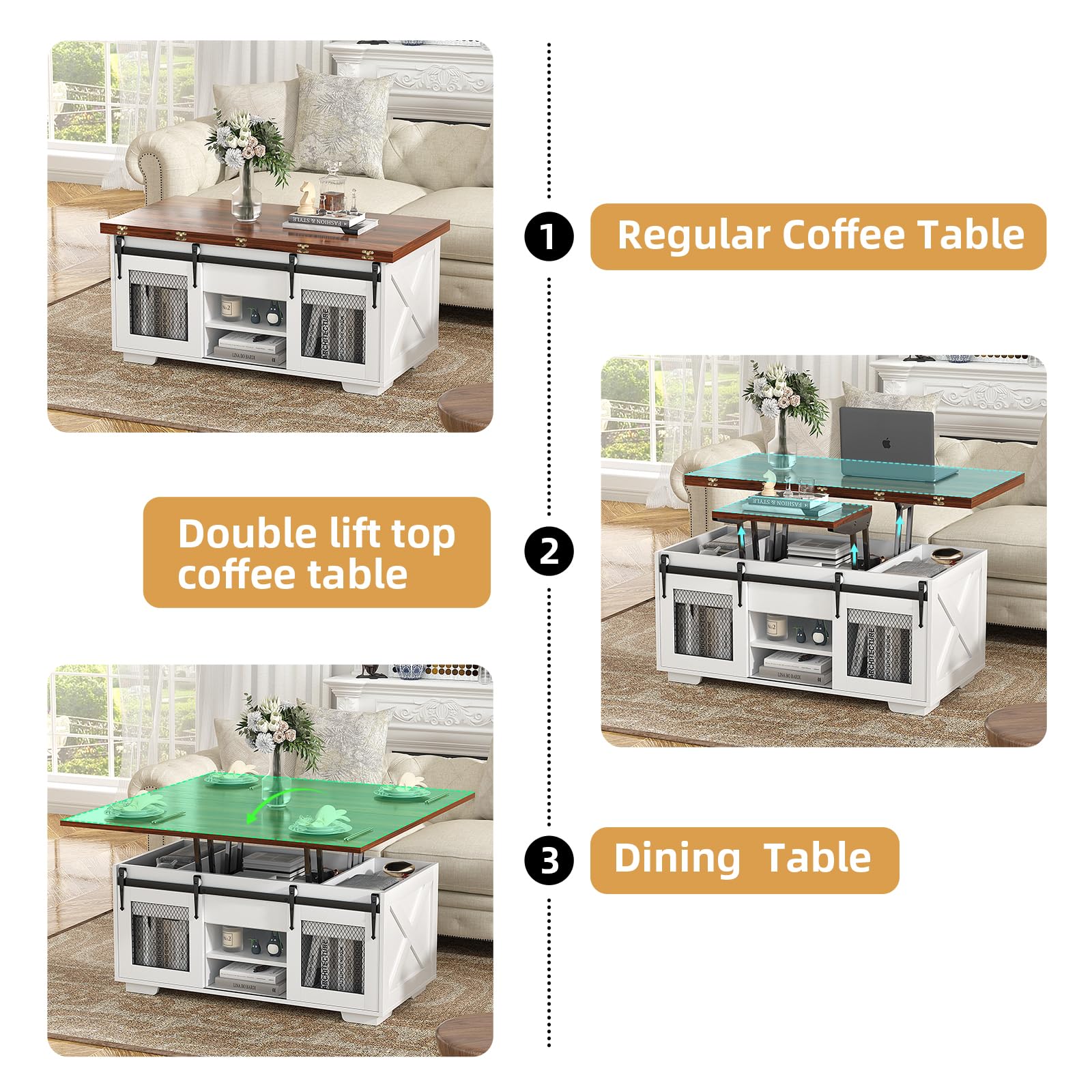 VOWNER Mesa de Centro Elevable, Mesa Extensible, Multifuncional 3 en 1 con Almacenamiento Oculto - Comedor, Convertible, Estilo Granja, Nogal