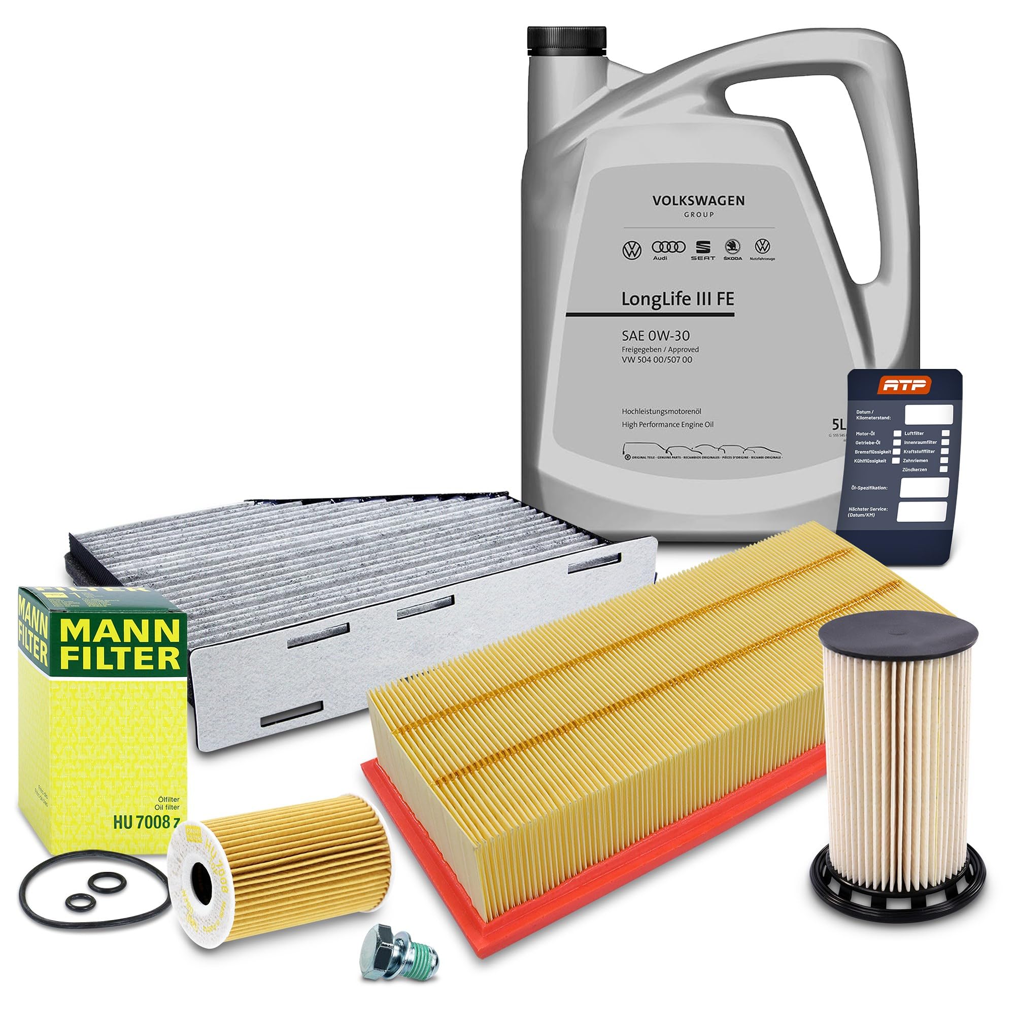 BESTPRICE Inspektionspaket Filterset mit 1x Ölfilter, 1x Luftfilter, 1x Innenraumfilter (Aktivkohle), 1x Kraftstofffilter, 1x Ölablassschraube mit Dichtung, 1x Motoröl 0W-30 LongLife 3 FE 5 l,