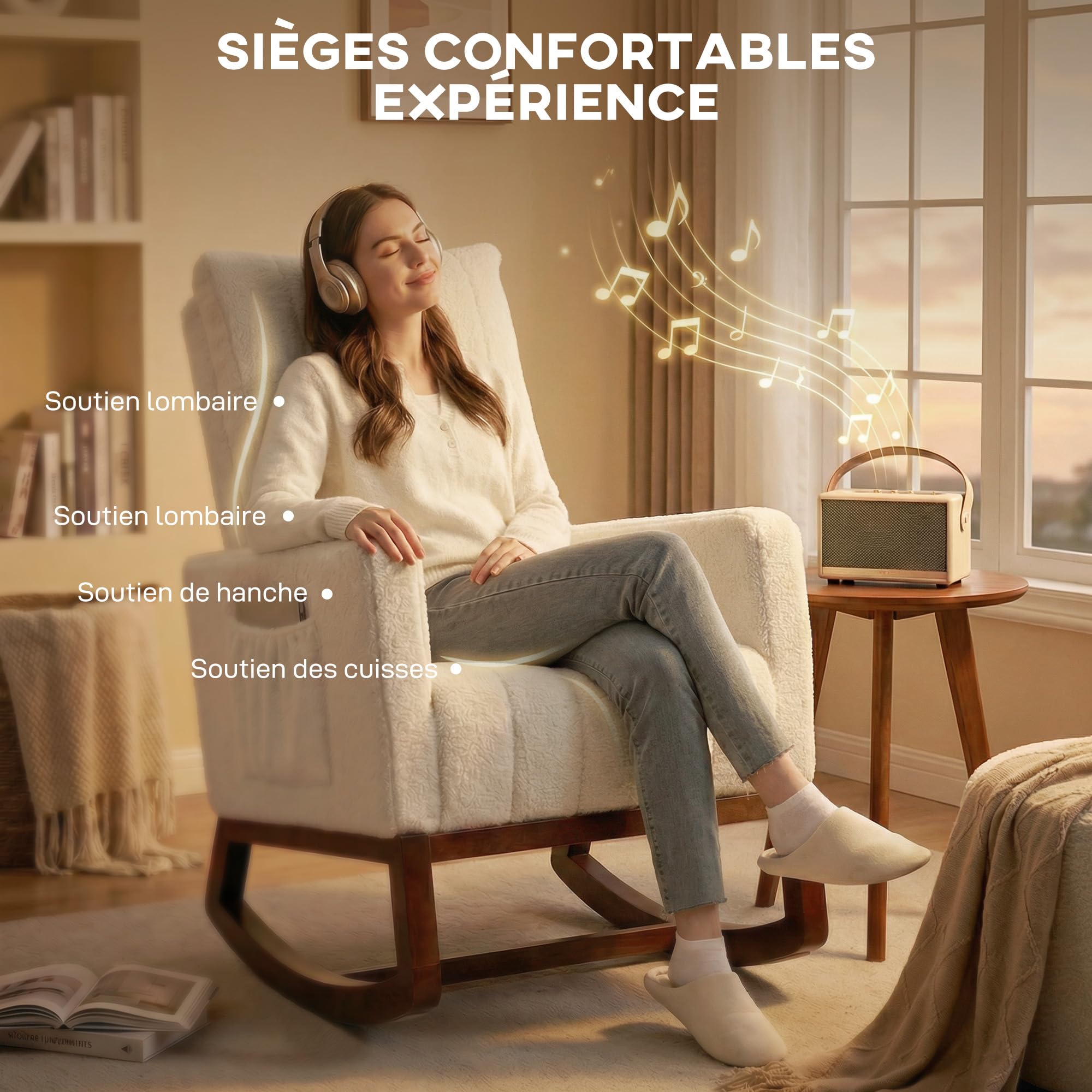 HOMCOM Fauteuil à Bascule, Rocking Chair en Flanelle Neige, Chaise à Bascule rembourrée avec Coussin Lombaire, Dossier Haut, Poches latérales et Base en Bois d'hévéa, pour Salon, Chambre, crème