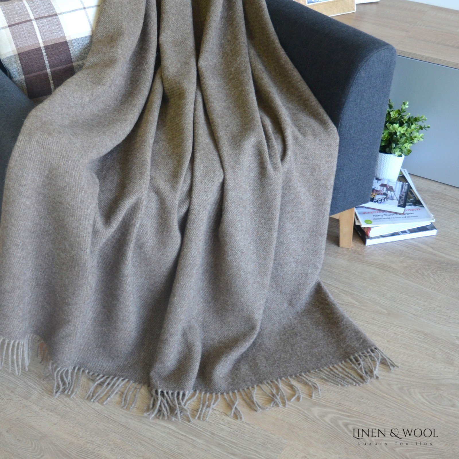 Linen & Cotton Manta Plaid para Sofá/Cama Columbus, 100% Lana Nueva Zelanda - 140 x 200cm (Marron)