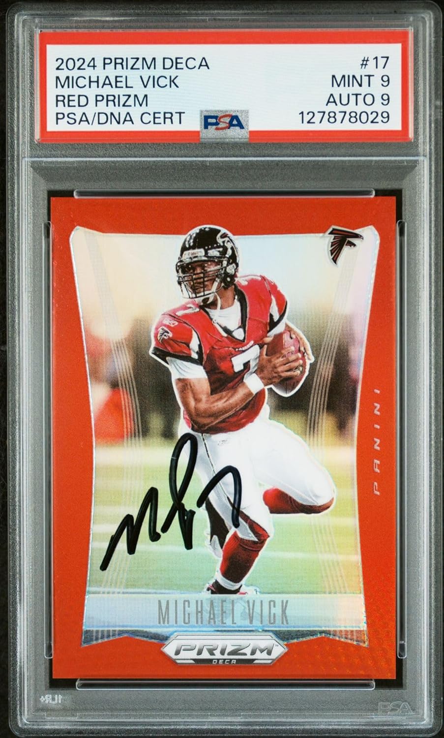 Michael Vick 2024 Prizm Deca Red Prizm Signed Football Card #17 Graded PSA 9 Auto 9 107/199 Cert #127878029