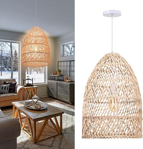 Arturesthome Luz colgante de ratán natural, lámpara de araña tejida con lámpara colgante, lámpara colgante de techo, pantalla hecha a mano