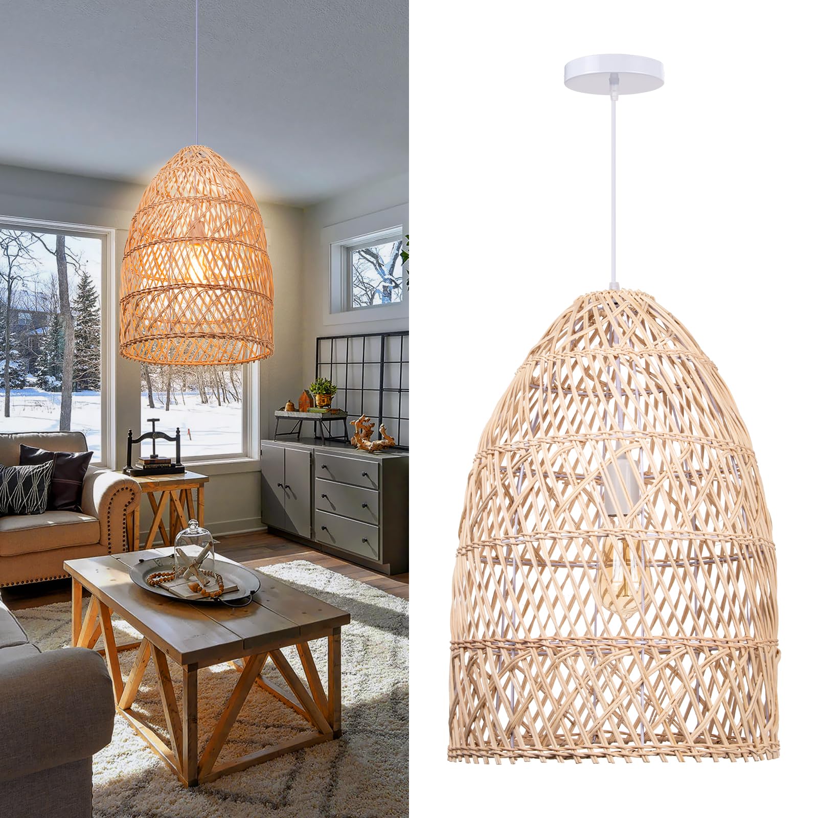 Photo 1 of Arturesthome Natural Rattan Pendant Light, Woven Lantern Chandelier Pendant Lamp Shade, Hanging Ceiling Light, Handmade Lampshade for Kitchen Island Hallway Foyer