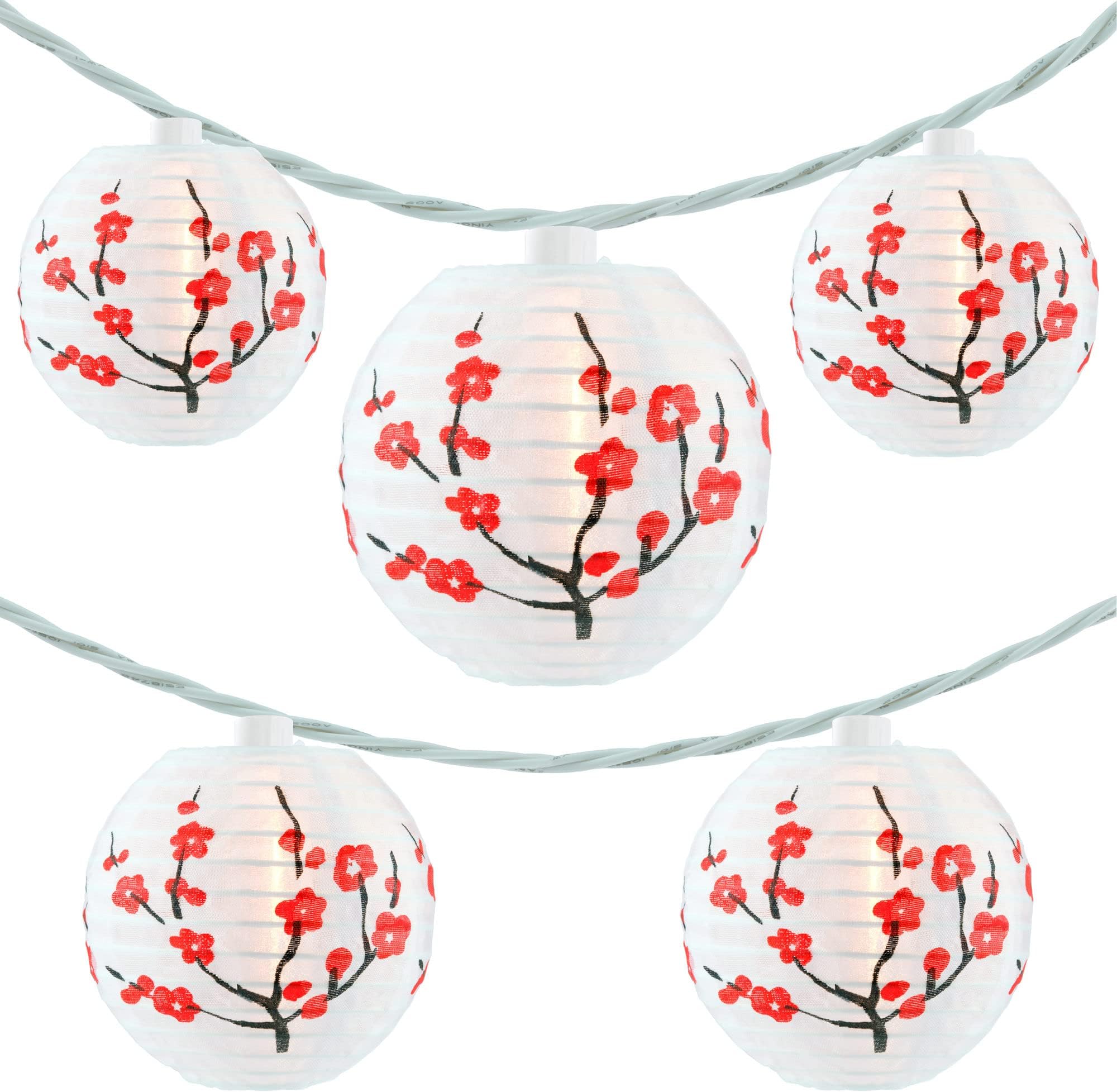 YULETIME Plum Blossom Lantern String Lights, 10 Count Nylon Lantern on 7.6' White Wire, UL Listed 8" Spacing End-to-end Connectable Plug-in String Lights (Plum Blossom)