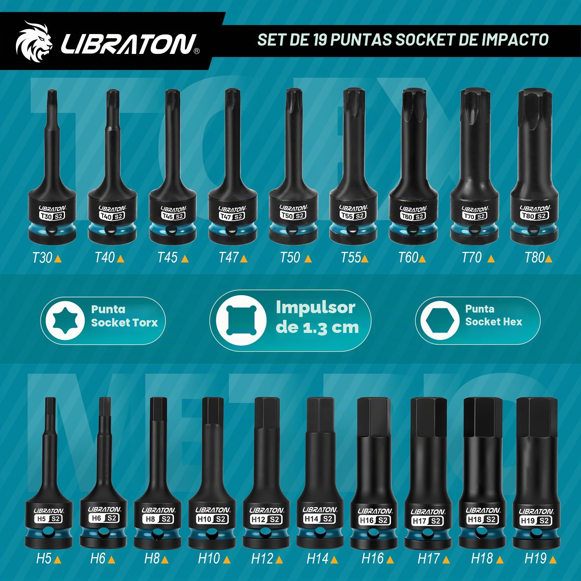 LIBRATON 19 Piezas Juego de Llaves de Vaso Hexagonales y Torx de Impacto 1/2", Acero S2 (H5-H19 + T30-T80), Para Llaves de Impacto, Reparación de Automóviles, Almacenamiento XPE