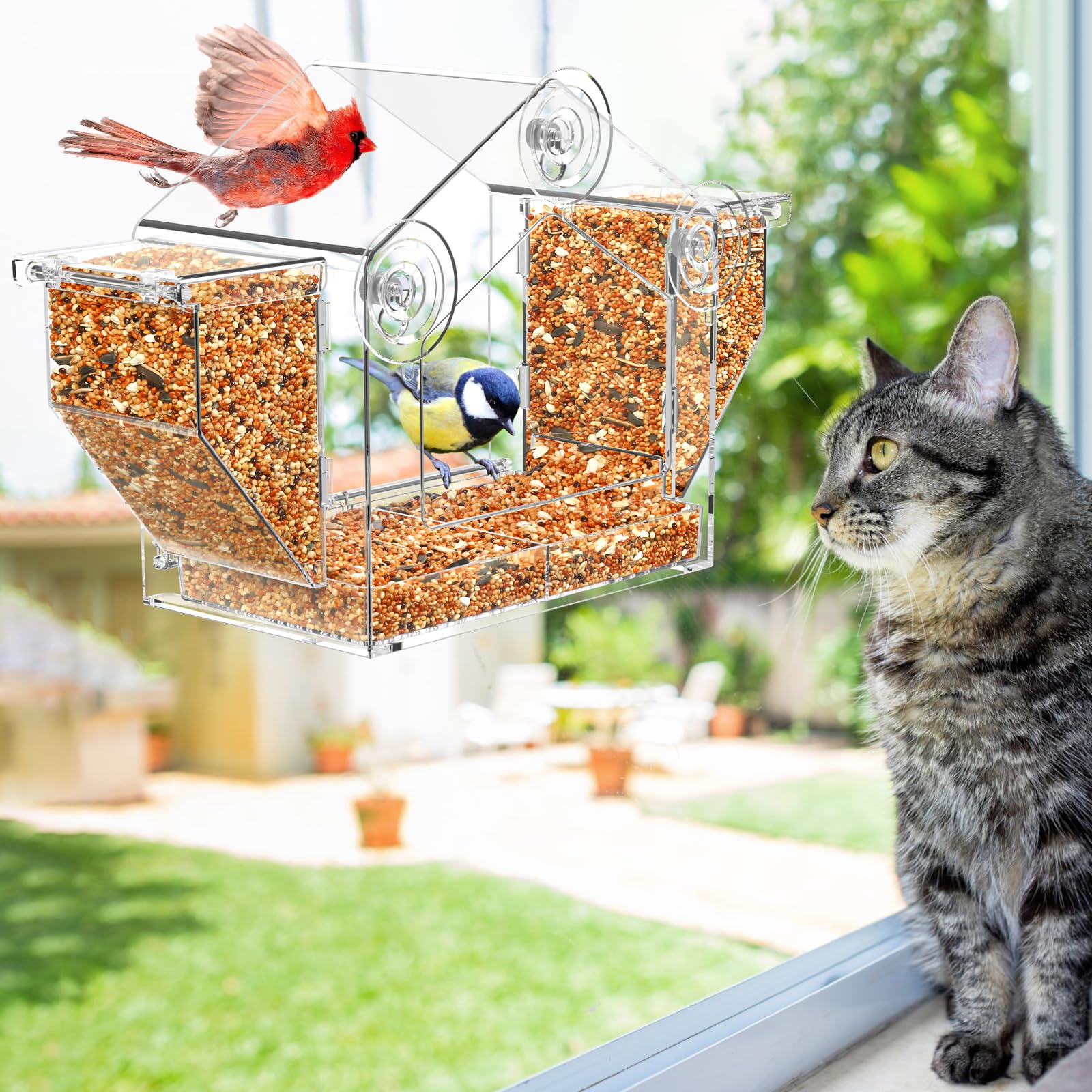 FLINTER Comedero para pájaros con ventana 2025, con ventana transparente para una visión más grande, comedero para pájaros con doble granero, comedero para pájaros a prueba de ardillas para gatos,