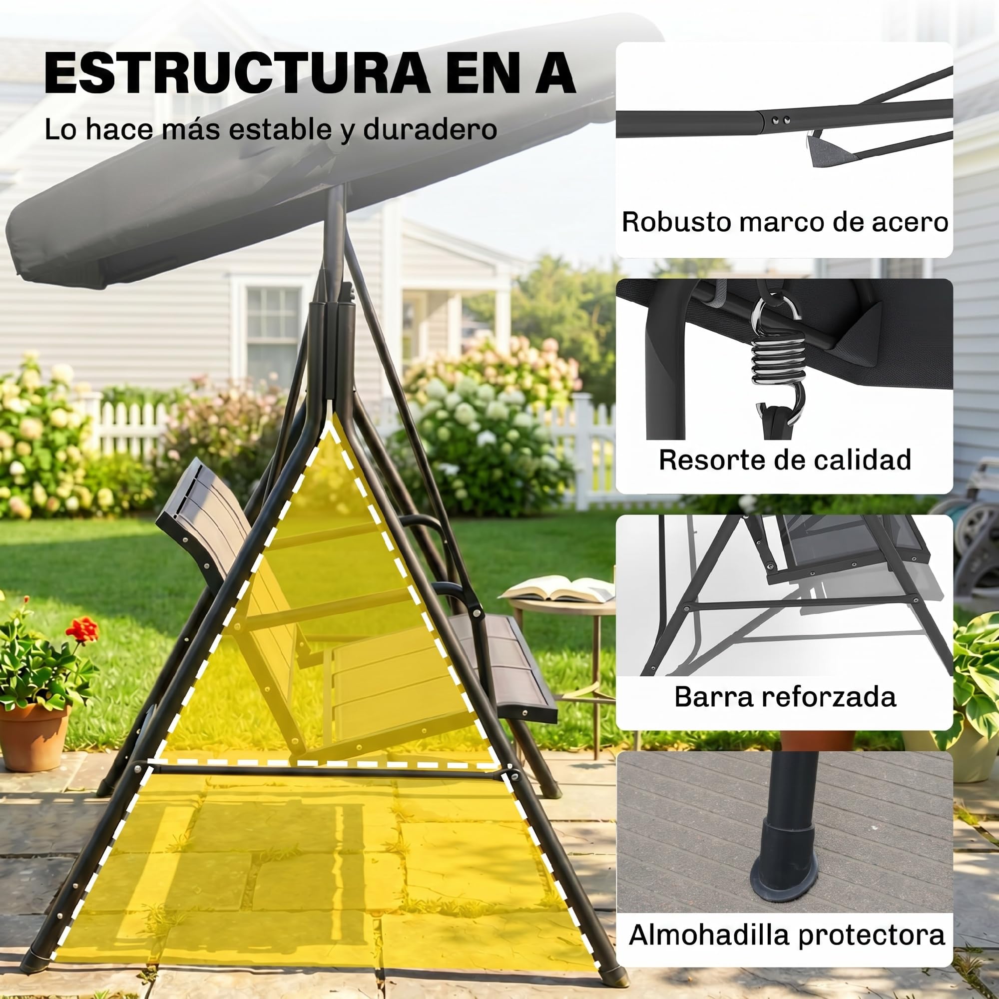 Outsunny Columpio de Jardín Exterior de 3 Plazas con Toldo Reclinable, Balancín de Jardín Exterior con Respaldo Transpirable y Marco de Acero, para Terraza Balcón, 175x118x159 cm, Negro