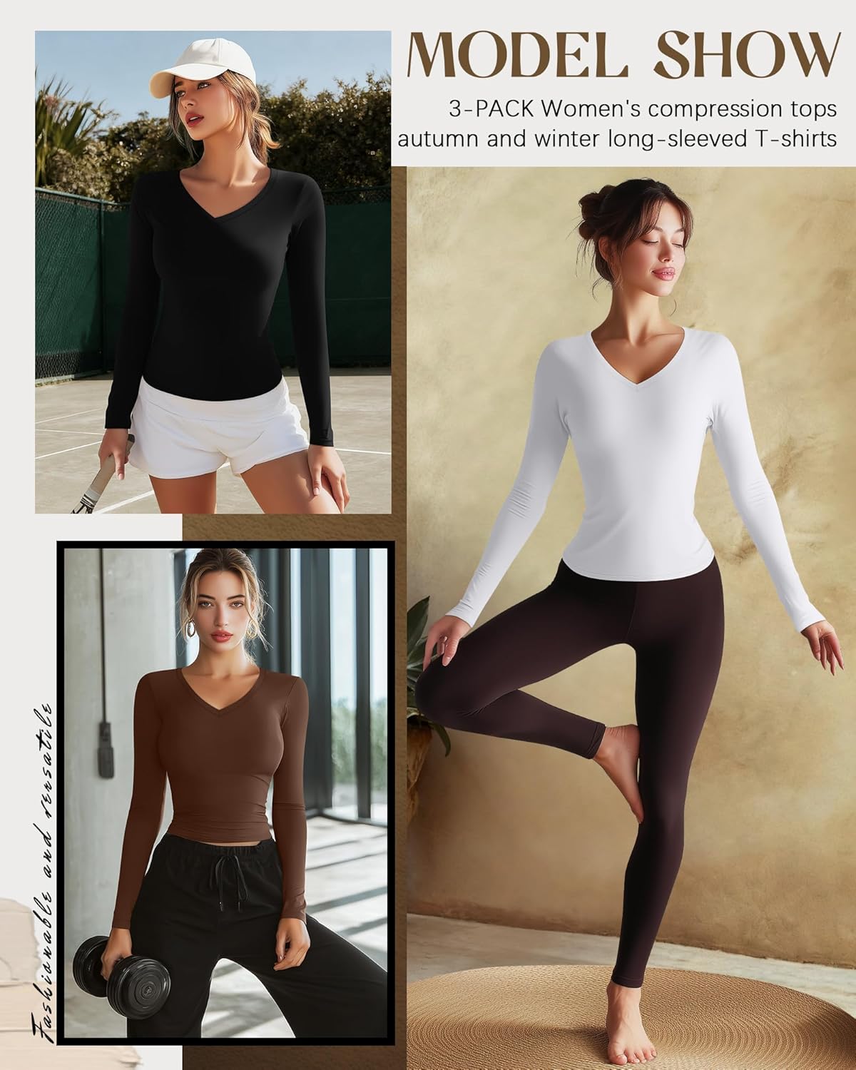 3 Pack Women's Long Sleeve V Neck Shirts Compression Yoga Athletic Tops Slim Fit Running Tees Workout Undershirts - Image 3