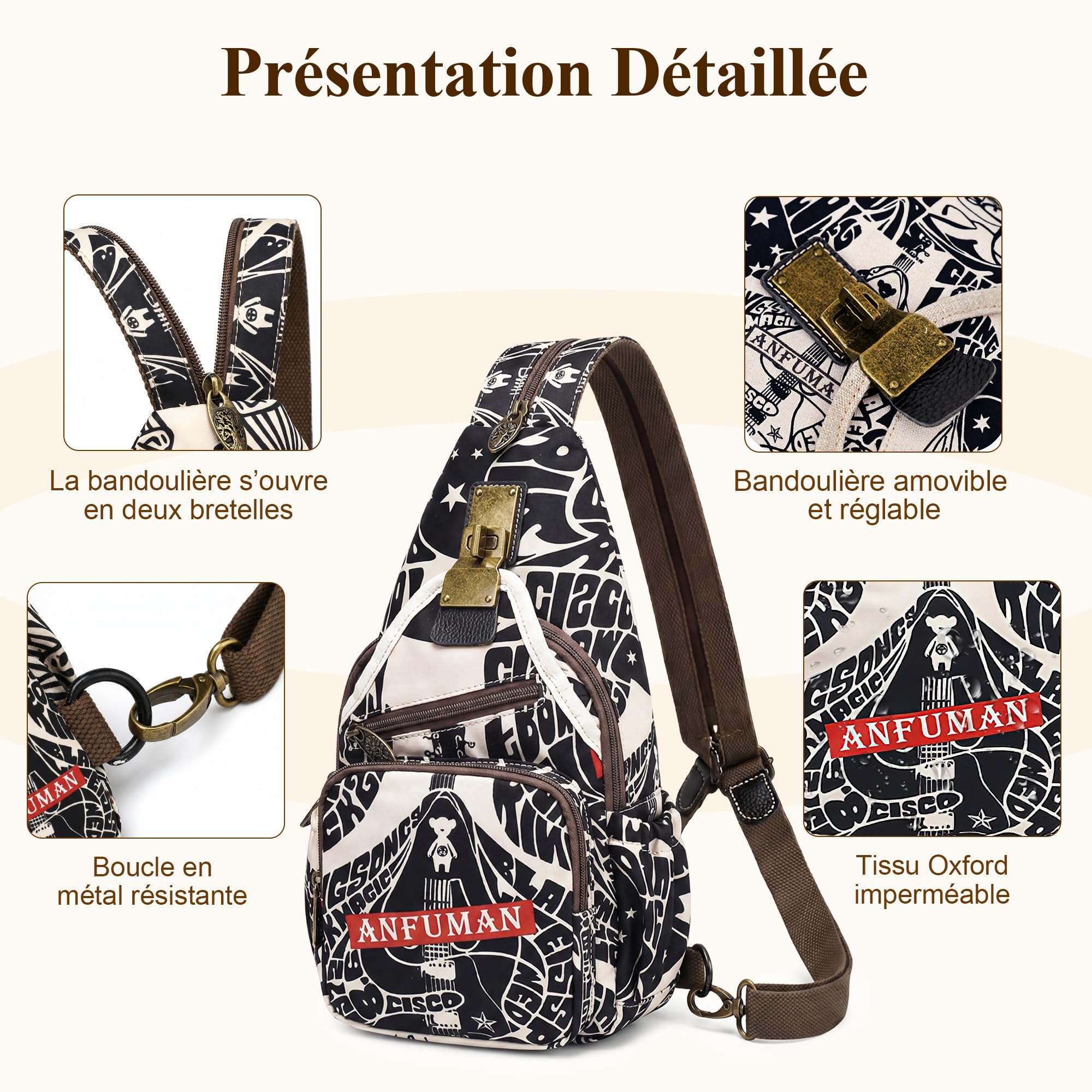 Mode Sac à Dos Femmes Décontracté Anti-vol Sac De Poitrine Rétro Messager Sacs À Bandoulière Voyage Travail Achats Fête Sling Sac D'épaule Nylon Sport Imprimé Sacs à Dos Noir B